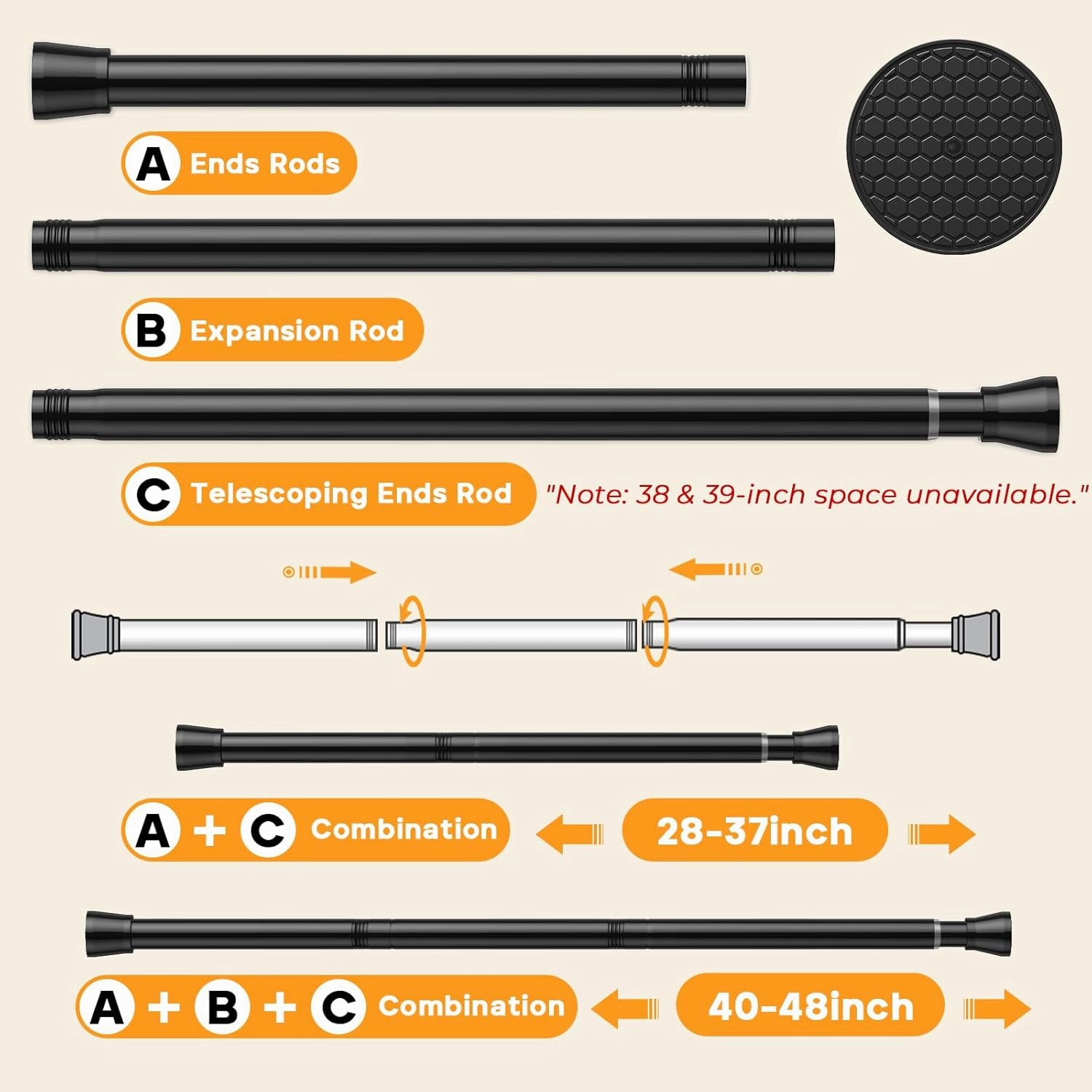2 Pack Adjustable Tension Rods 28-48 Inch - Black No-Drill Curtain Rods for Windows & Closets | Spring-Loaded with Non-Slip Rubber Ends | 7/8" Diameter