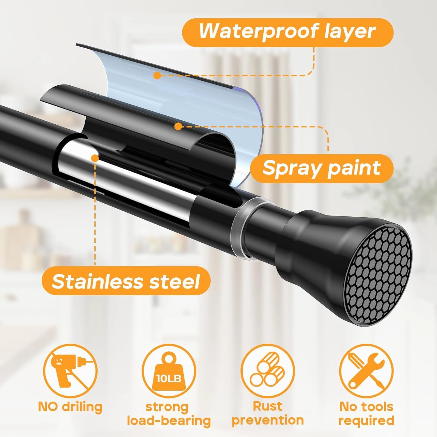 2 Pack Adjustable Tension Rods 28-48 Inch - Black No-Drill Curtain Rods for Windows & Closets | Spring-Loaded with Non-Slip Rubber Ends | 7/8" Diameter