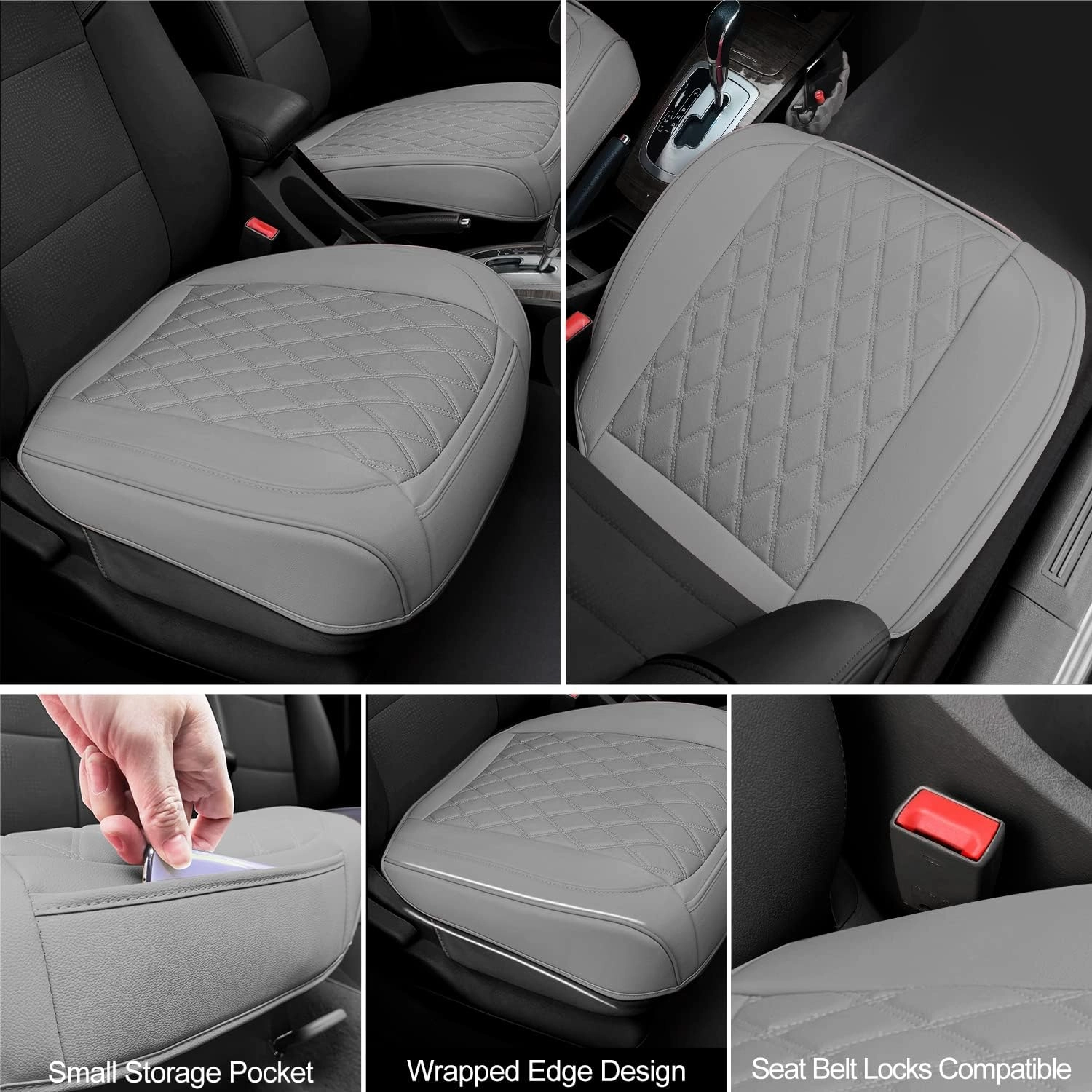 2 Pack PU Leather Front Car Seat Cover Bottom Car Seat, Anti-Slip and Full Wrap Driver Car Seat Protectors with Storage Pocket, Luxury Waterproof Bottom Auto Seat Cushion Pad for Most Vehicles(Gray)