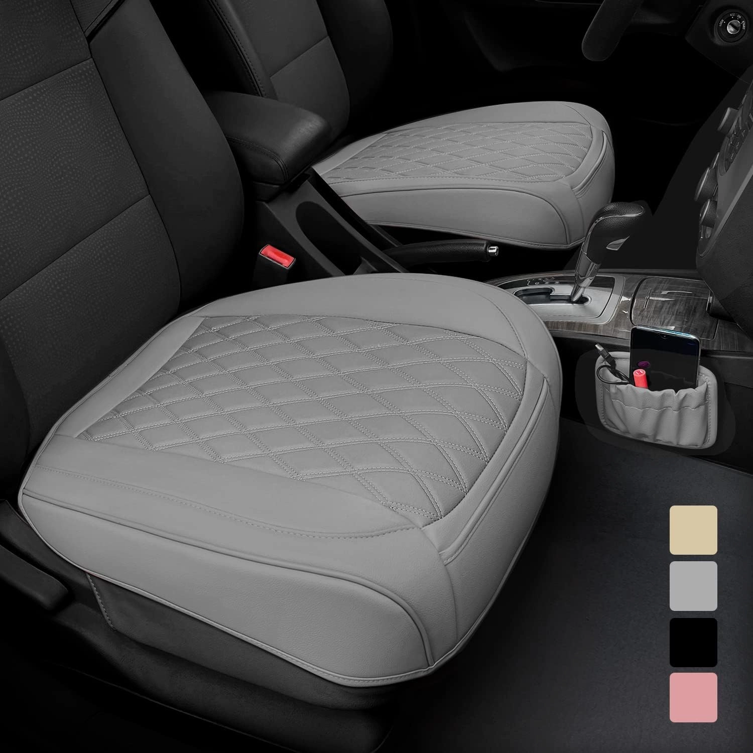 2 Pack PU Leather Front Car Seat Cover Bottom Car Seat, Anti-Slip and Full Wrap Driver Car Seat Protectors with Storage Pocket, Luxury Waterproof Bottom Auto Seat Cushion Pad for Most Vehicles(Gray)
