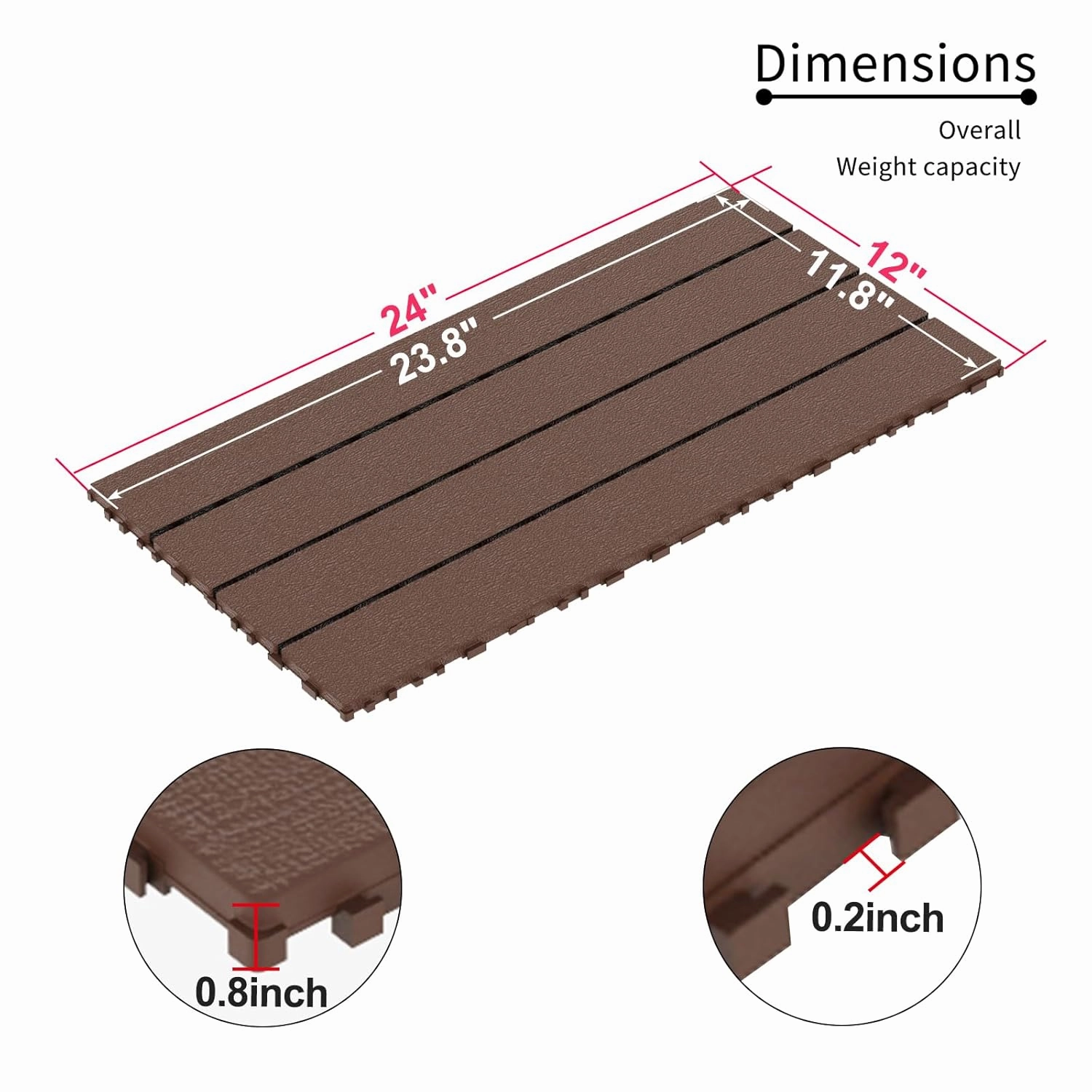 2FT Easy & Quick Installation DIY Module Interlocking Patio Deck Tiles for Porch, Poolside, Balcony & Backyard - 24pcs Red Brown Floor Court Tiles (Red Brown)