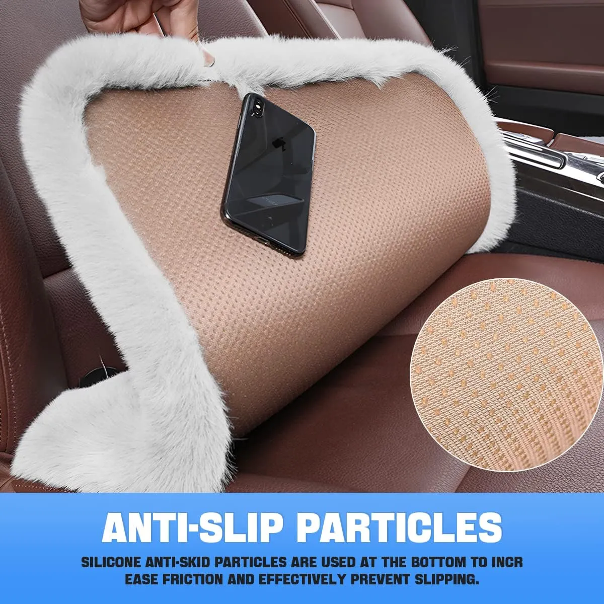 2Pack Car Front Seat Cushion, Soft Warm Faux Rabbit Fur Winter Auto Seat Cover, Fluffy Plush Vehicle Seat Protector Pad with Non-Slip Backing, Car Accessories for Home and Office Chair (Beige)