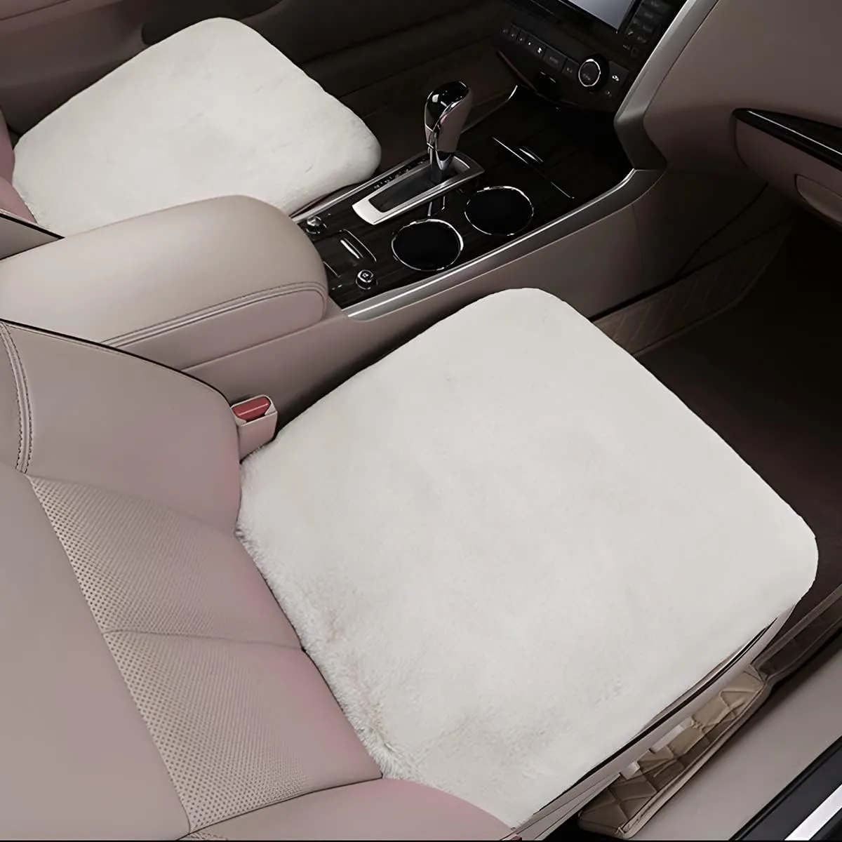 2Pack Car Front Seat Cushion, Soft Warm Faux Rabbit Fur Winter Auto Seat Cover, Fluffy Plush Vehicle Seat Protector Pad with Non-Slip Backing, Car Accessories for Home and Office Chair (Beige)