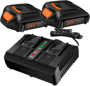 2Packs Replacement Battery 20V and Charger Starter Kit，Cell9102 3.0Ah Lithium Battery Compatible with Worx 20 Volt Cordless Power Tools