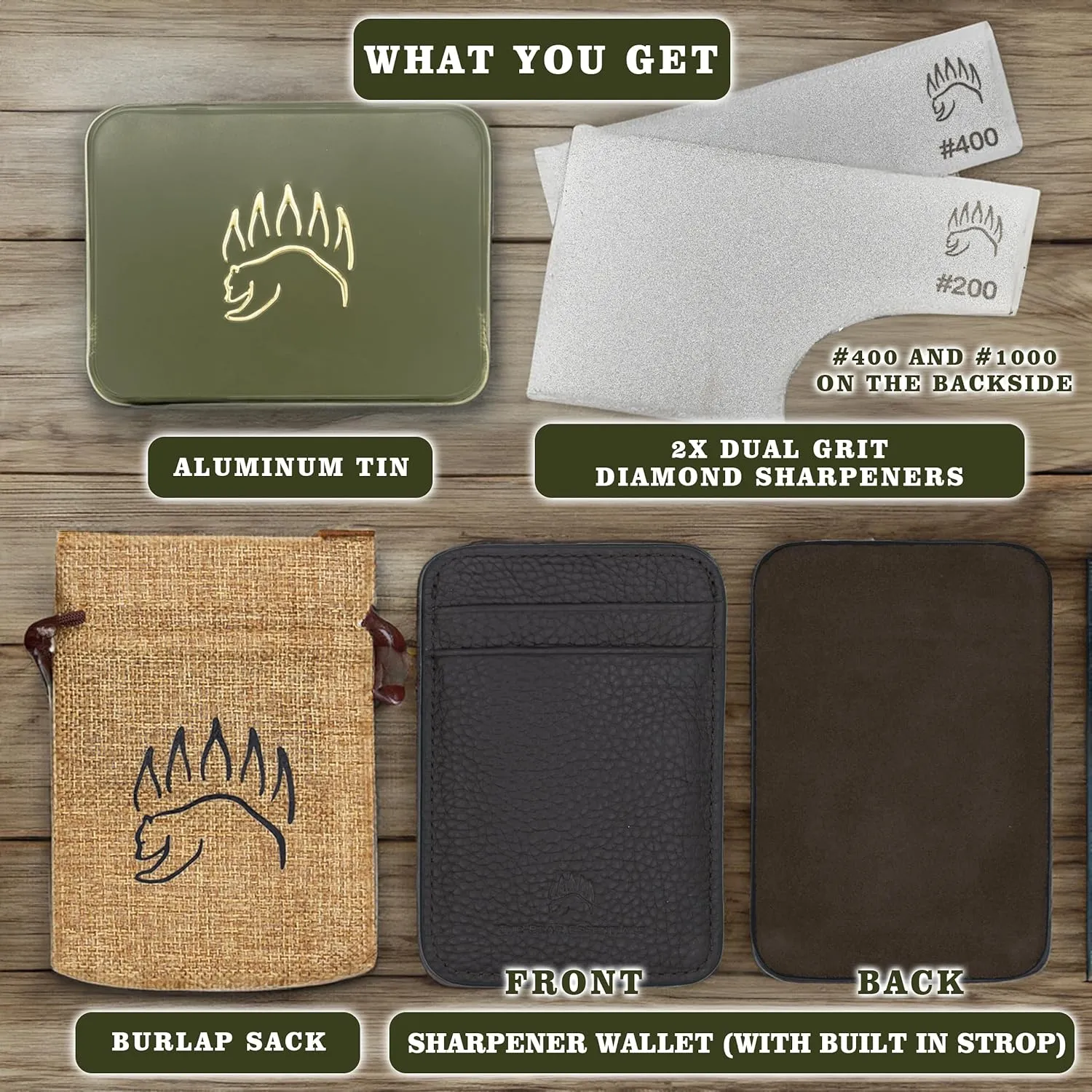 2X Dual Grit Diamond Sharpening Stone   Leather Wallet Strop | By The Bear Essentials | Pocket Credit-Card Sized Field Sharpener for Camping, Bushcraft, Outdoors, Survival, EDC - Dark Brown