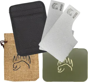 2X Dual Grit Diamond Sharpening Stone   Leather Wallet Strop | By The Bear Essentials | Pocket Credit-Card Sized Field Sharpener for Camping, Bushcraft, Outdoors, Survival, EDC - Dark Brown