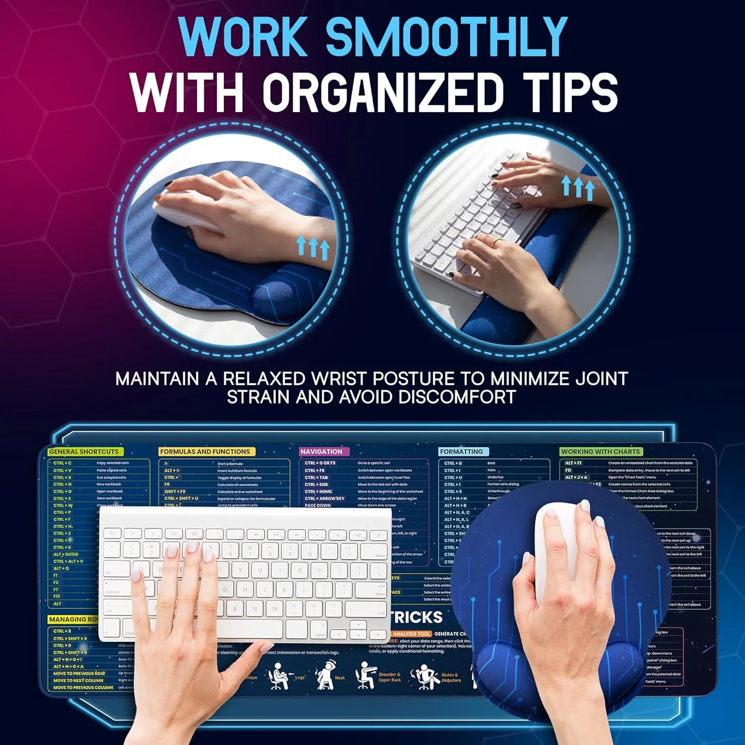 3 Piece Excel Cheat Shortcuts Mouse Sheet Desk Keyboard Pad - Extended Large XL Ergonomic Excel Mouse Pad Keyboard Mat Wrist Rest, Non Slip Stitch Edge, for Office, Home and Gaming