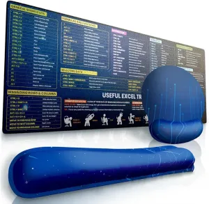 3 Piece Excel Cheat Shortcuts Mouse Sheet Desk Keyboard Pad - Extended Large XL Ergonomic Excel Mouse Pad Keyboard Mat Wrist Rest, Non Slip Stitch Edge, for Office, Home and Gaming