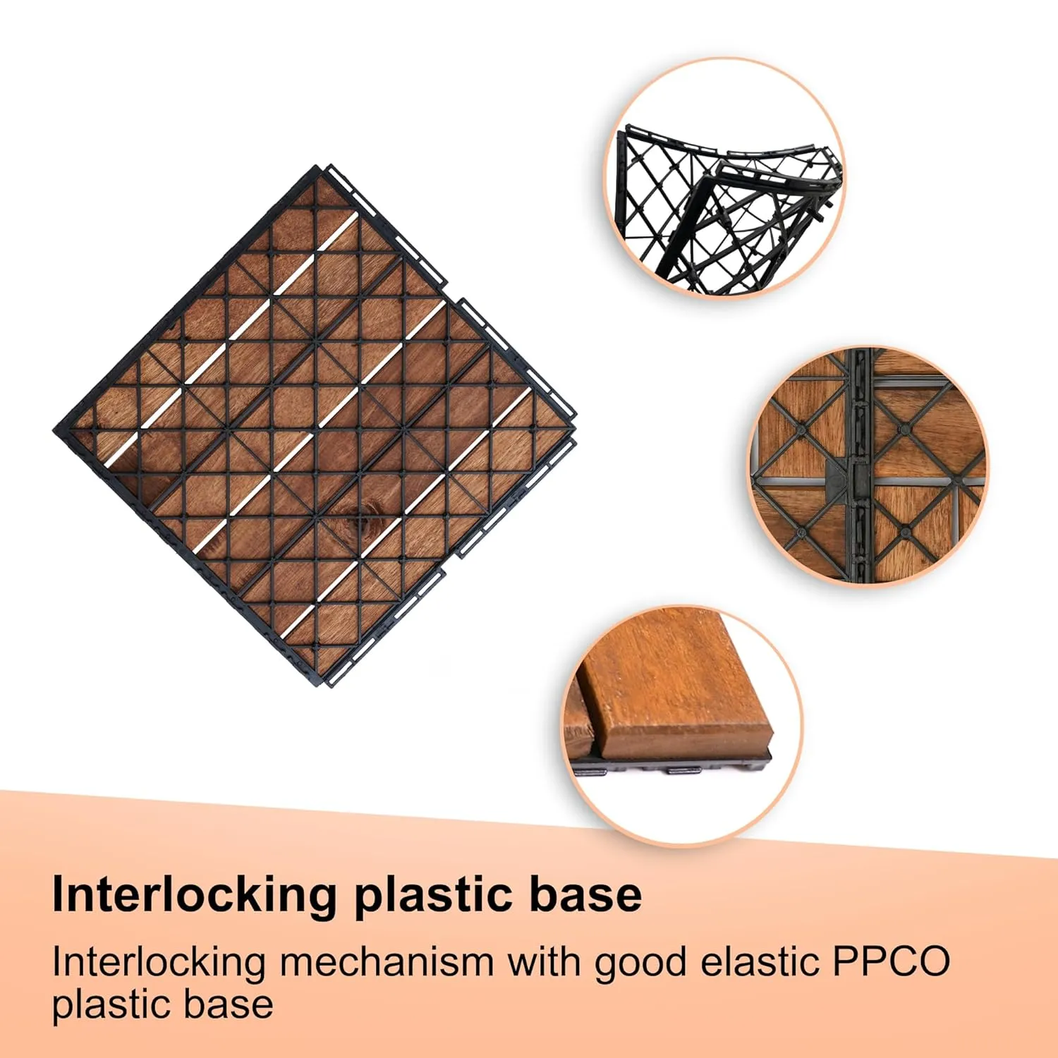 30 PCS Interlocking Deck Tiles, Solid Wood Patio Flooring Outdoor Waterproof, 12"x12"x0.8" Acacia Wood Tiles, Patio Tiles for Garden,Porch,Balcony,Poolside（Stripe & Brown