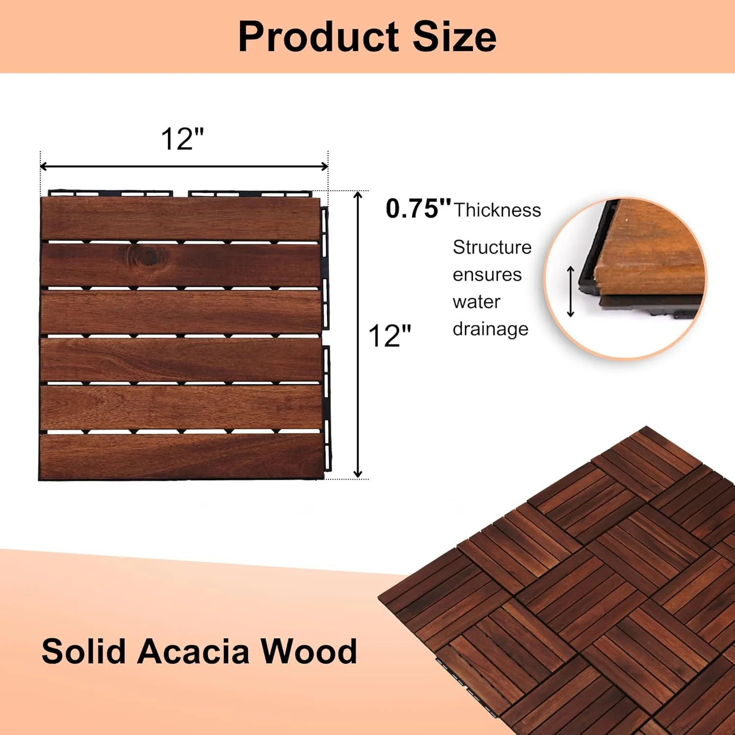 30 PCS Interlocking Deck Tiles, Solid Wood Patio Flooring Outdoor Waterproof, 12"x12"x0.8" Acacia Wood Tiles, Patio Tiles for Garden,Porch,Balcony,Poolside（Stripe & Brown