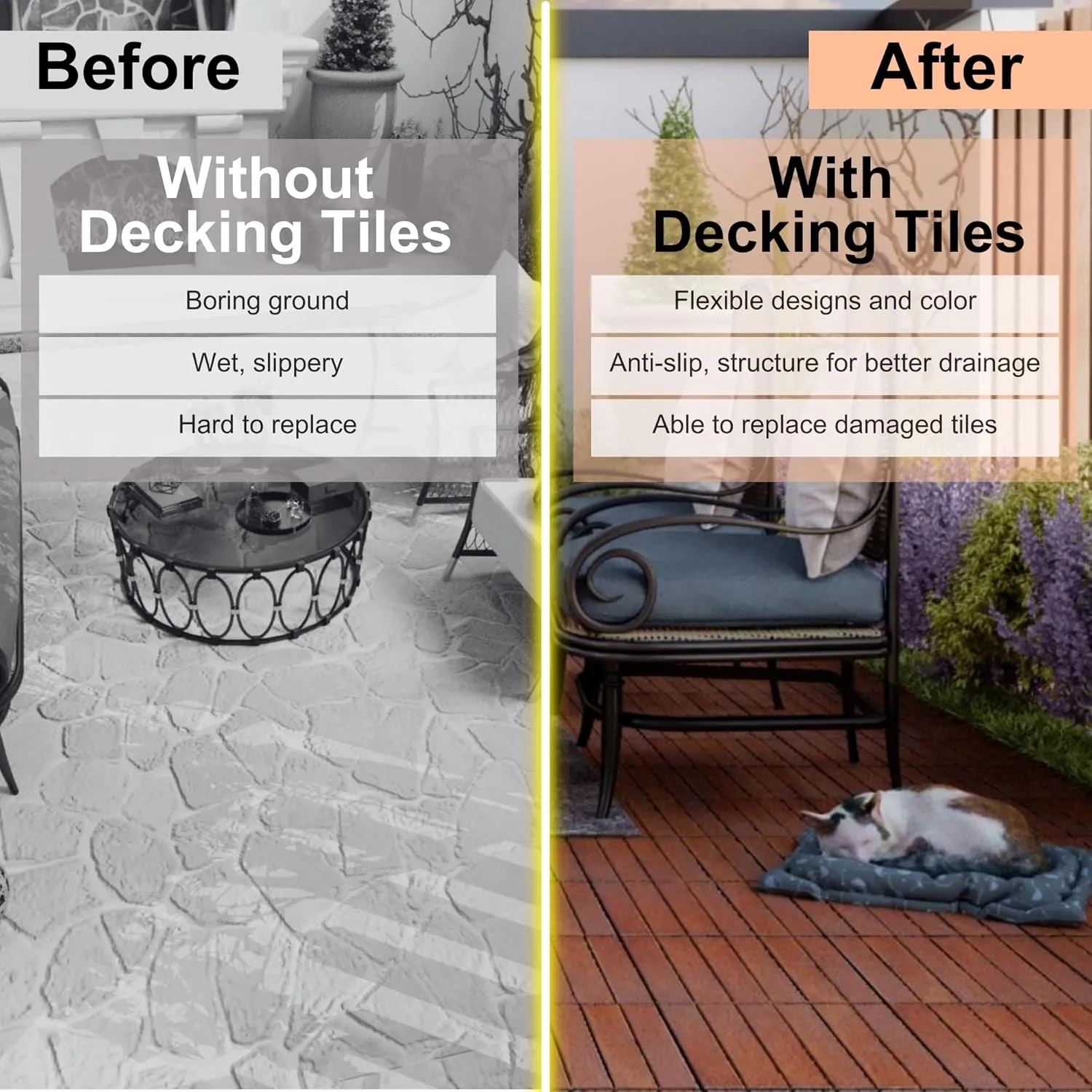 30 PCS Interlocking Deck Tiles, Solid Wood Patio Flooring Outdoor Waterproof, 12"x12"x0.8" Acacia Wood Tiles, Patio Tiles for Garden,Porch,Balcony,Poolside（Stripe & Brown