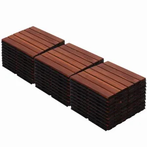 30 PCS Interlocking Deck Tiles, Solid Wood Patio Flooring Outdoor Waterproof, 12"x12"x0.8" Acacia Wood Tiles, Patio Tiles for Garden,Porch,Balcony,Poolside（Stripe & Brown