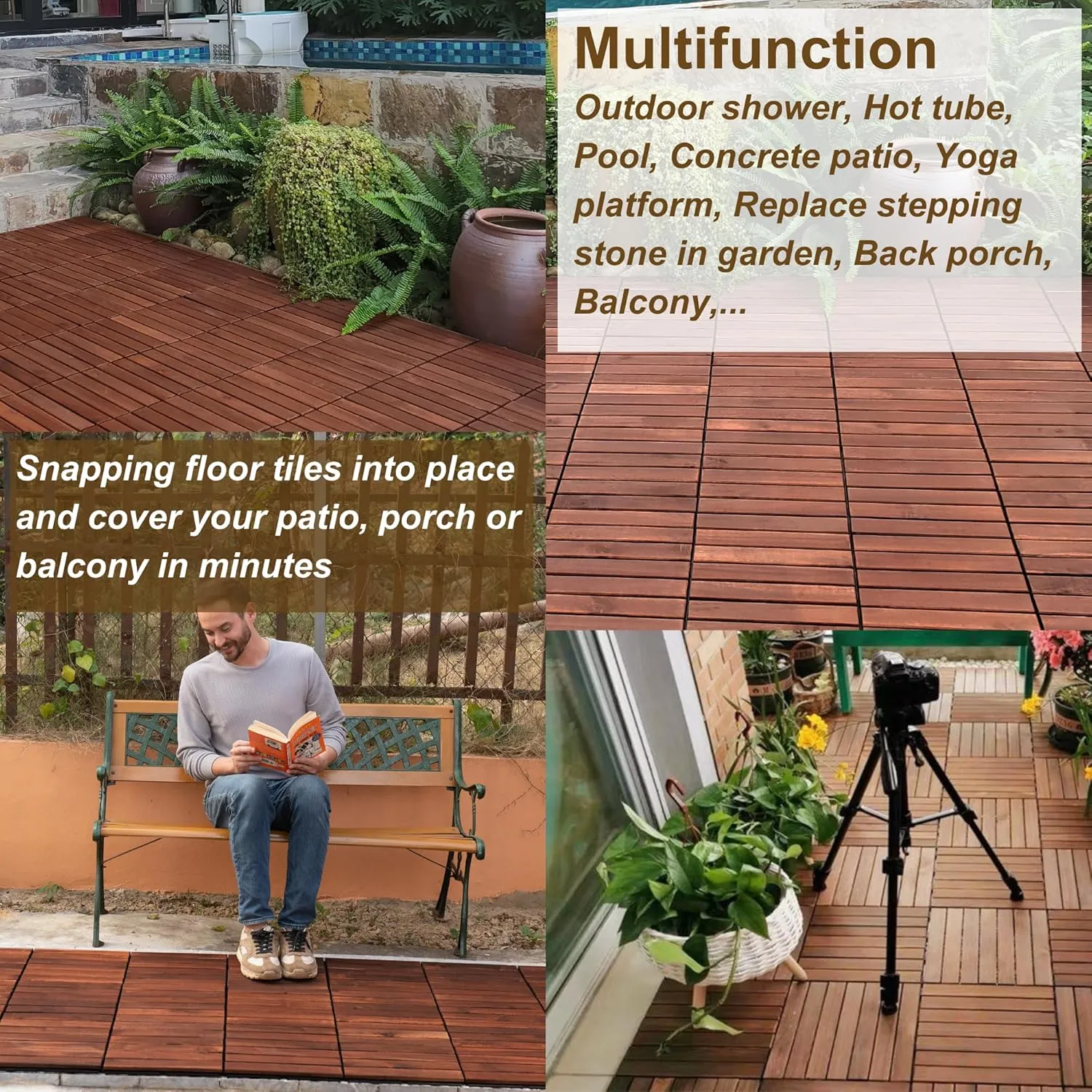 30 PCS Interlocking Deck Tiles, Solid Wood Patio Flooring Outdoor Waterproof, 12"x12"x0.8" Acacia Wood Tiles, Patio Tiles for Garden,Porch,Balcony,Poolside（Stripe & Brown