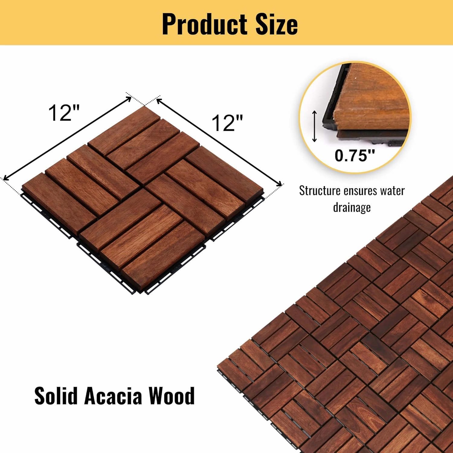 30 PCS Acacia Wood Interlocking Deck Tiles-12 x12 Water Resistant Outdoor Floor All Weather Use,Patio Floor Decking Tiles for Porch Poolside Balcony Backyard,Checked Pattern,Brown
