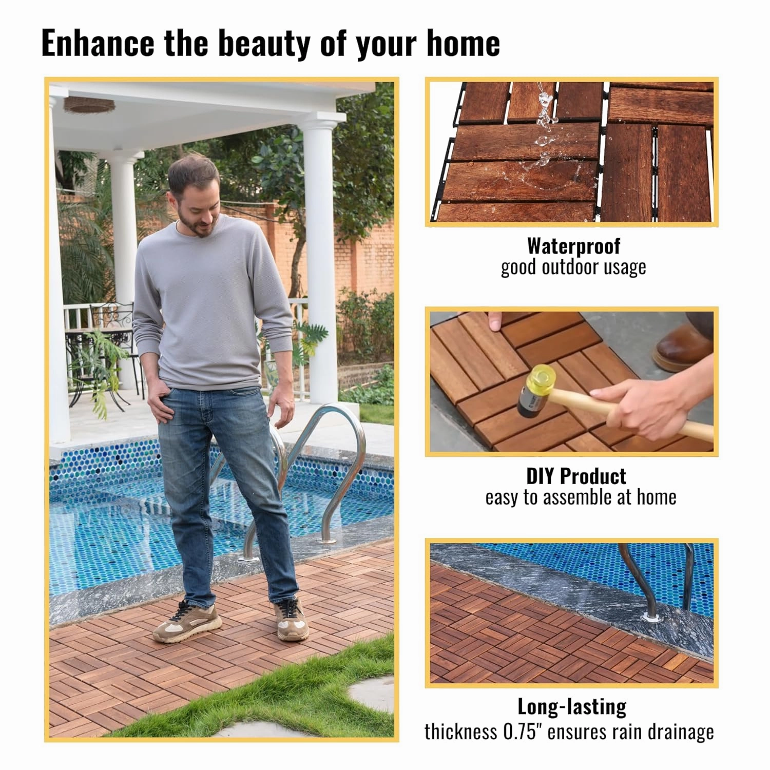 30 PCS Acacia Wood Interlocking Deck Tiles-12 x12 Water Resistant Outdoor Floor All Weather Use,Patio Floor Decking Tiles for Porch Poolside Balcony Backyard,Checked Pattern,Brown