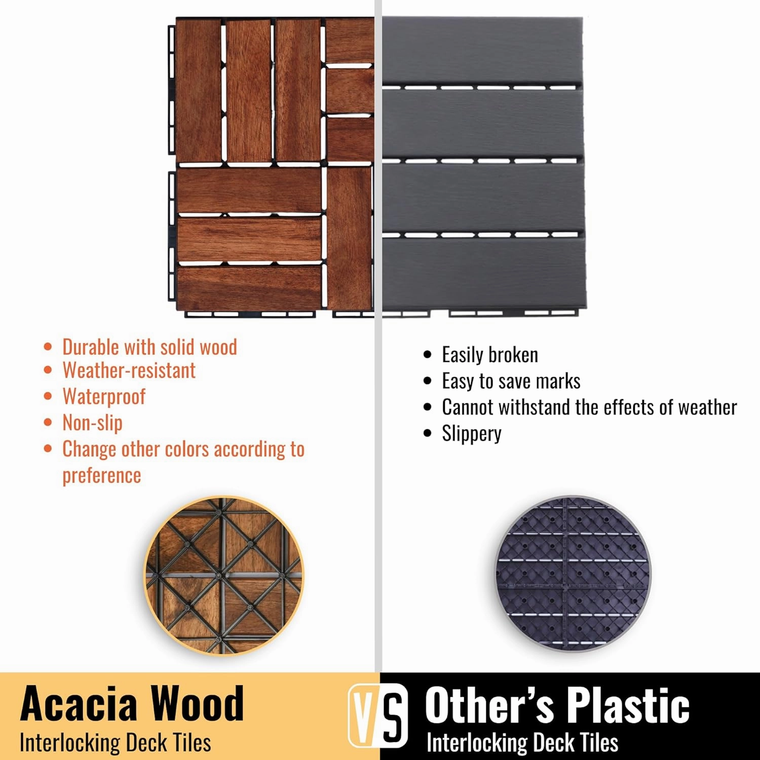30 PCS Acacia Wood Interlocking Deck Tiles-12 x12 Water Resistant Outdoor Floor All Weather Use,Patio Floor Decking Tiles for Porch Poolside Balcony Backyard,Checked Pattern,Brown