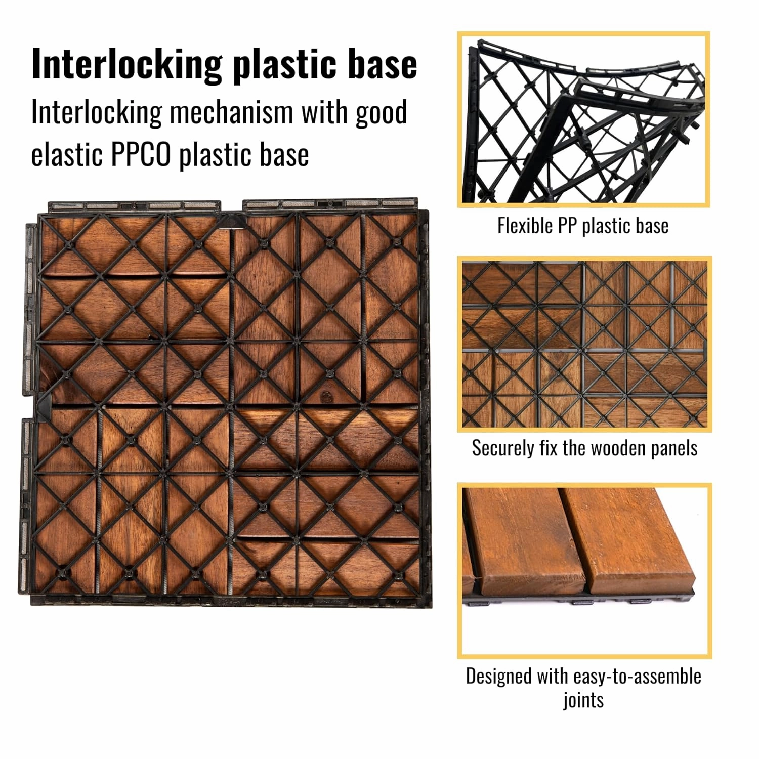 30 PCS Acacia Wood Interlocking Deck Tiles-12 x12 Water Resistant Outdoor Floor All Weather Use,Patio Floor Decking Tiles for Porch Poolside Balcony Backyard,Checked Pattern,Brown