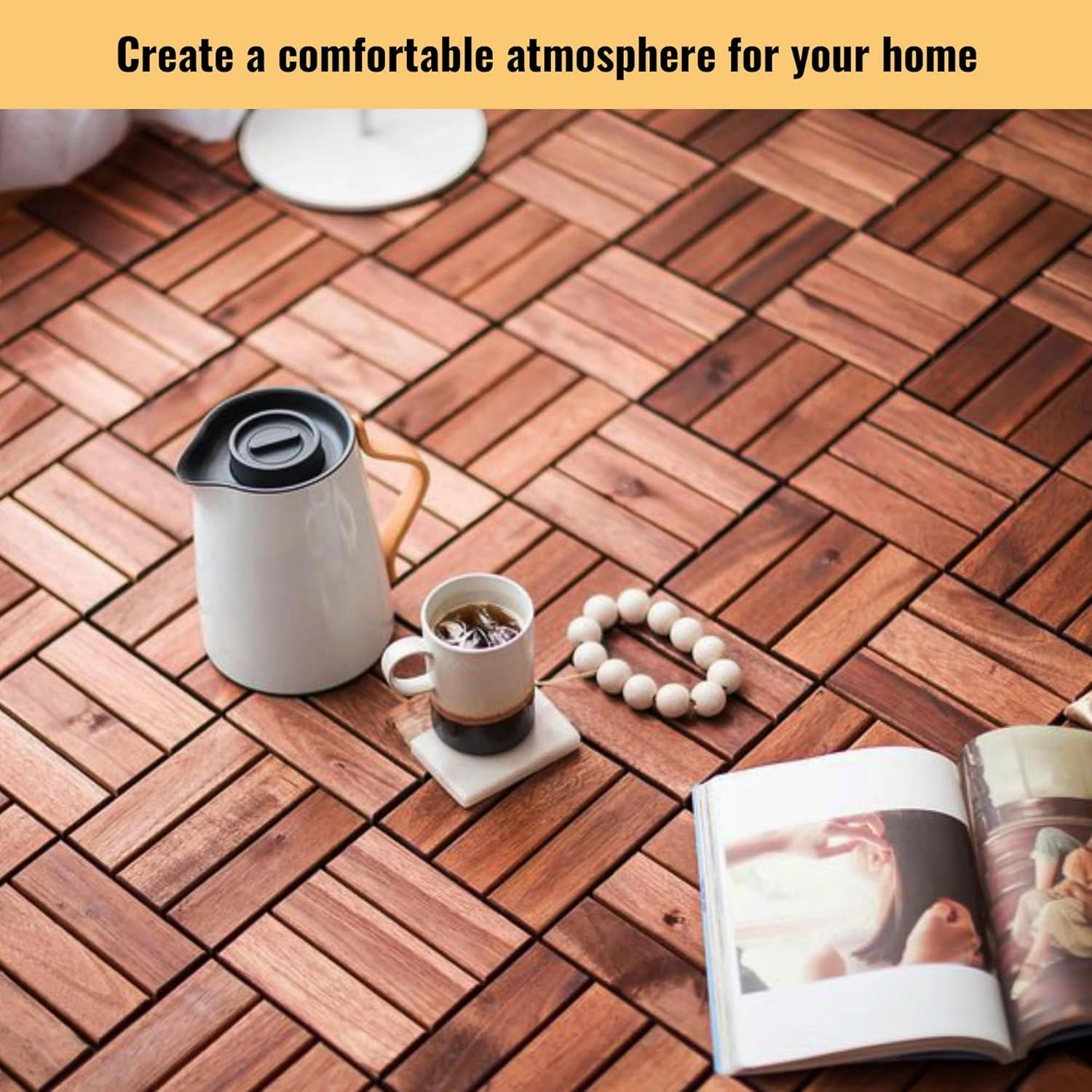 30 PCS Acacia Wood Interlocking Deck Tiles-12 x12 Water Resistant Outdoor Floor All Weather Use,Patio Floor Decking Tiles for Porch Poolside Balcony Backyard,Checked Pattern,Brown