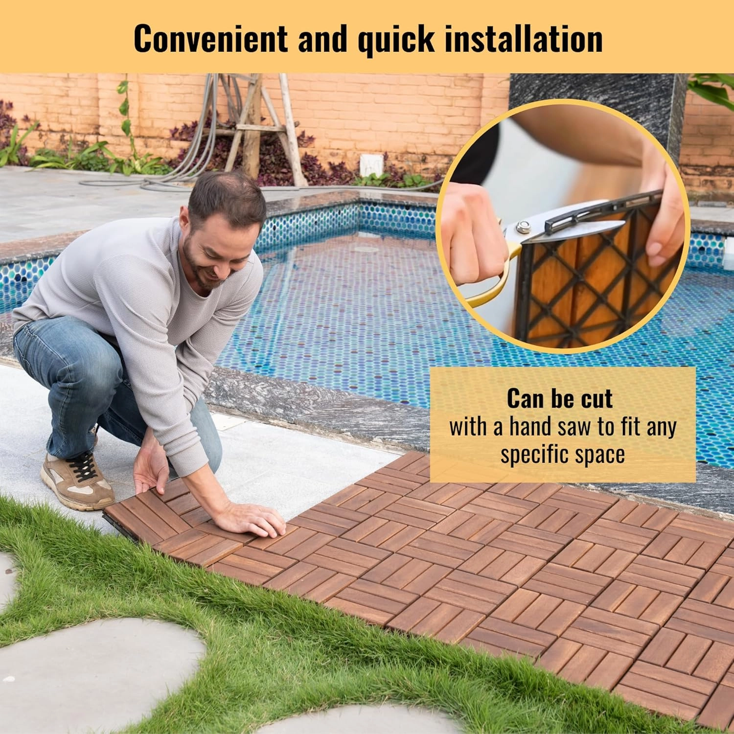 30 PCS Acacia Wood Interlocking Deck Tiles-12 x12 Water Resistant Outdoor Floor All Weather Use,Patio Floor Decking Tiles for Porch Poolside Balcony Backyard,Checked Pattern,Brown
