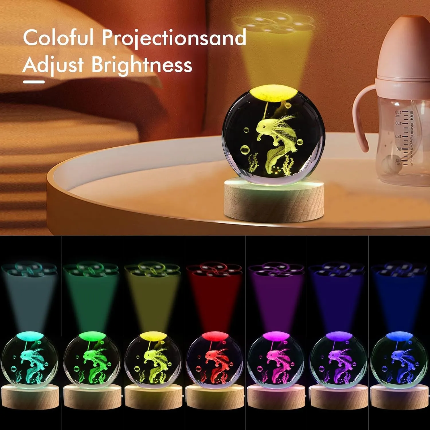 3.15in 3D Axolotl Gift Lamp for Bedroom - 16 Colors & Remote Controls Crystal Ball Night Light - Birthday Christmas Gifts for Kids Boys Girls