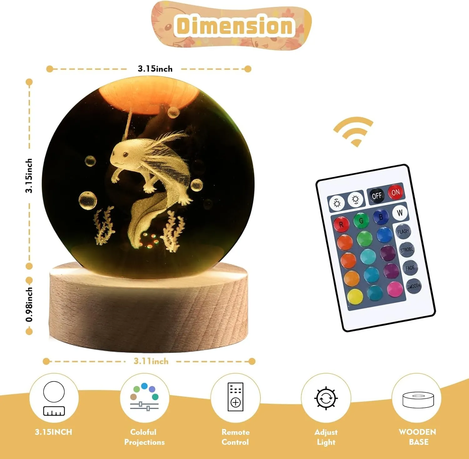 3.15in 3D Axolotl Gift Lamp for Bedroom - 16 Colors & Remote Controls Crystal Ball Night Light - Birthday Christmas Gifts for Kids Boys Girls