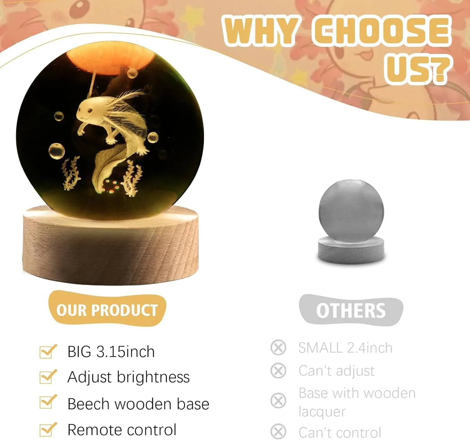 3.15in 3D Axolotl Gift Lamp for Bedroom - 16 Colors & Remote Controls Crystal Ball Night Light - Birthday Christmas Gifts for Kids Boys Girls