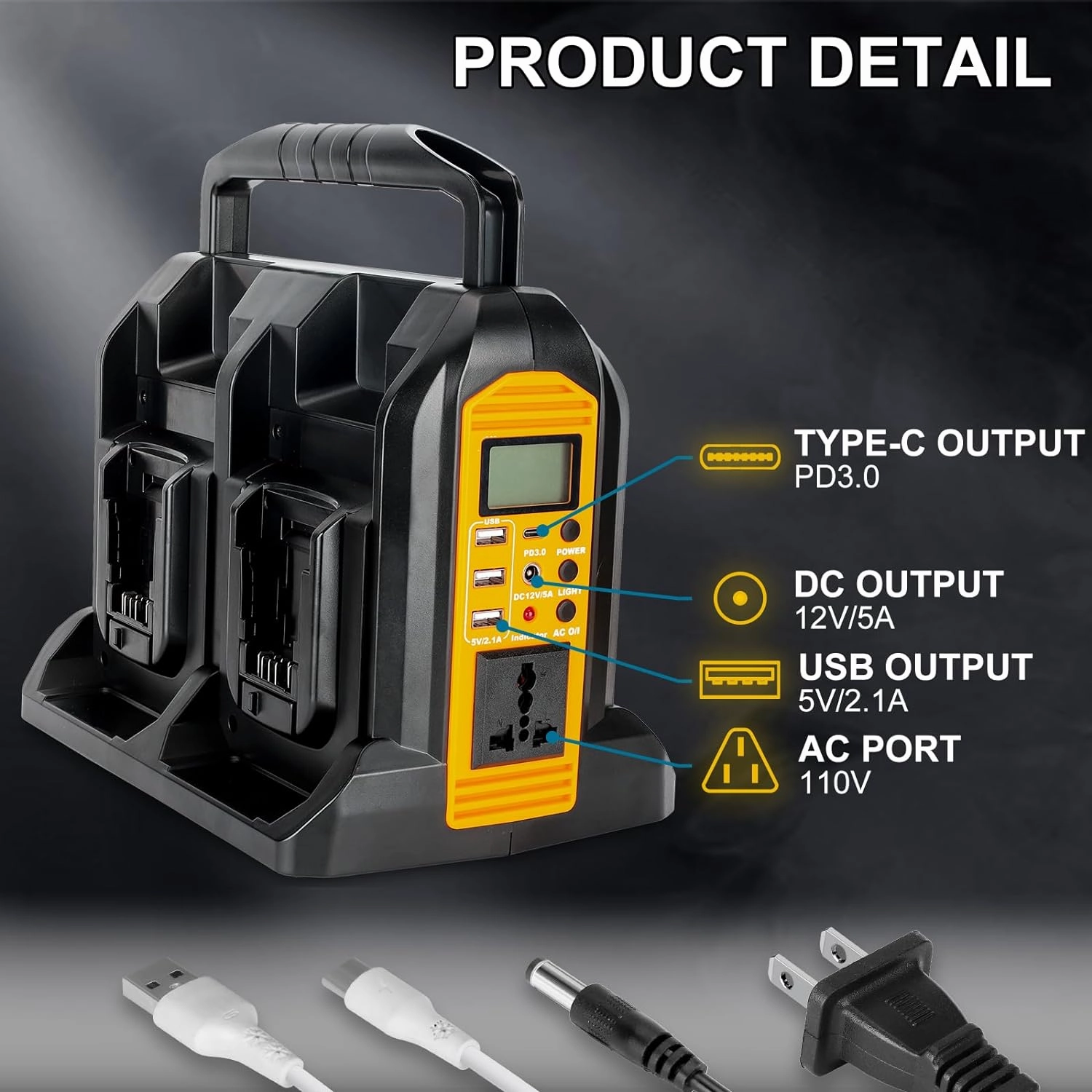 350W Power Inverter for Dewalt 20V 60V Li-ion Battery, 4-Port 20V to 120V Pure Sine Wave Inverter with LED Light, 3 USB-A Port, 1 USB-C Port, 1 DC Port, Power Station for Outdoor Camping (Tool Only)