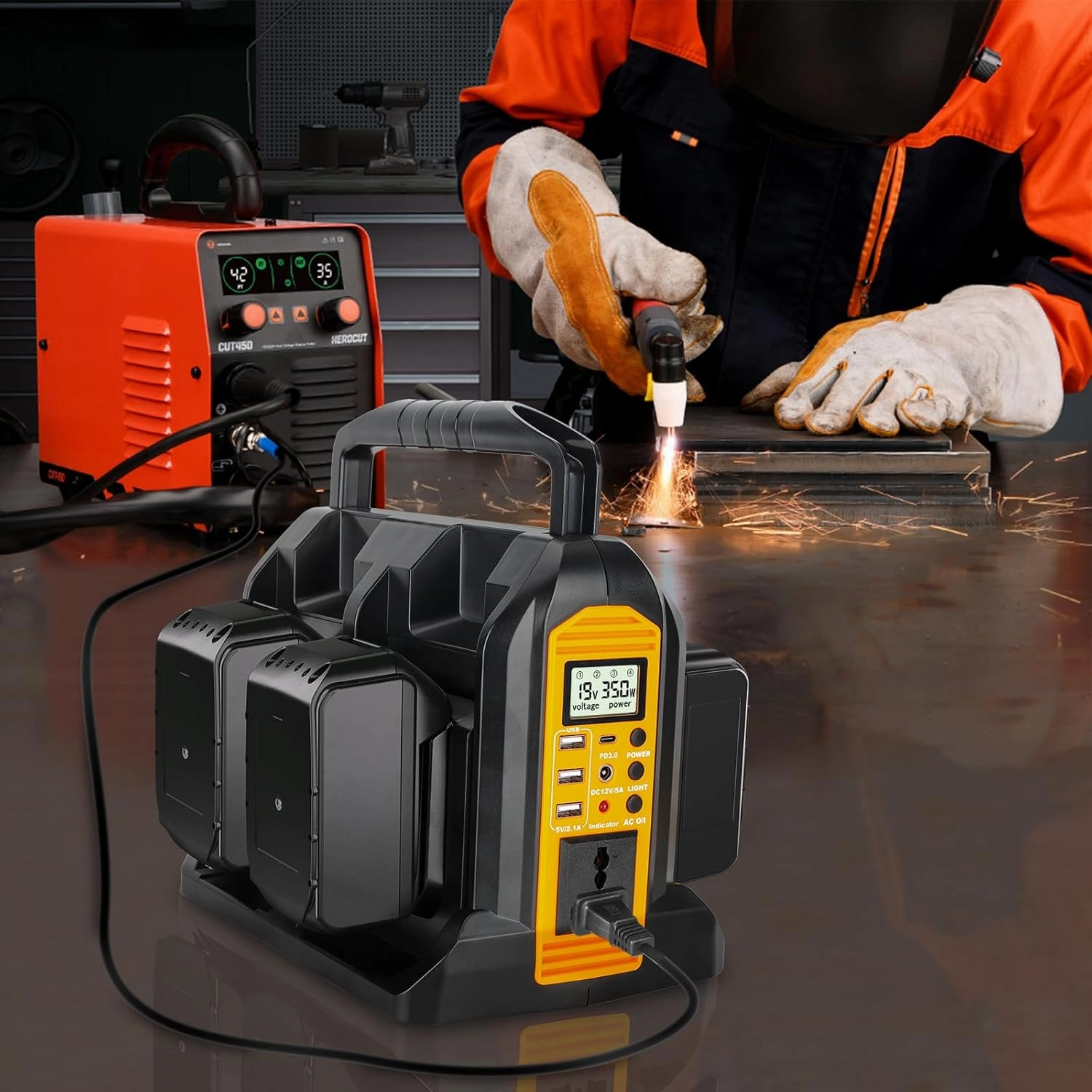 350W Power Inverter for Dewalt 20V 60V Li-ion Battery, 4-Port 20V to 120V Pure Sine Wave Inverter with LED Light, 3 USB-A Port, 1 USB-C Port, 1 DC Port, Power Station for Outdoor Camping (Tool Only)