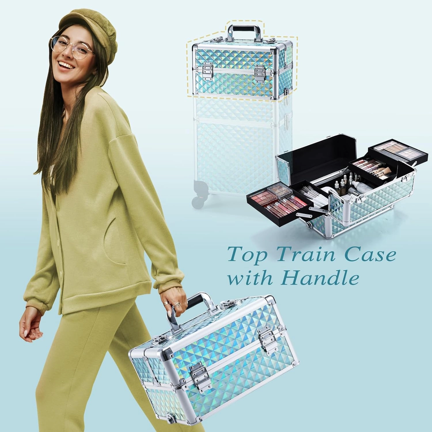 3 in 1 Rolling makeup case Cosmetology Case on Wheels Train Case Makeup Organizers Storage Cart Cosmetic Trolley Travel Barber Suitcase for Make up Artist Nail Tech Hair Lockable, Shiny Mint