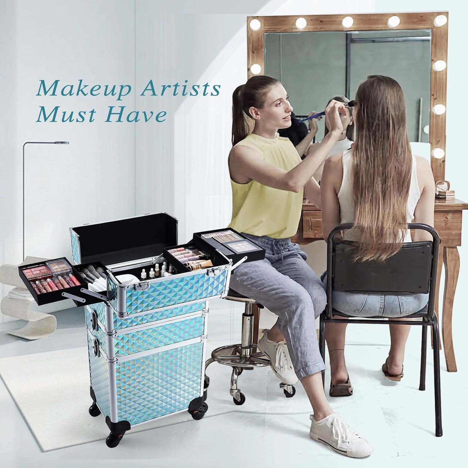 3 in 1 Rolling makeup case Cosmetology Case on Wheels Train Case Makeup Organizers Storage Cart Cosmetic Trolley Travel Barber Suitcase for Make up Artist Nail Tech Hair Lockable, Shiny Mint