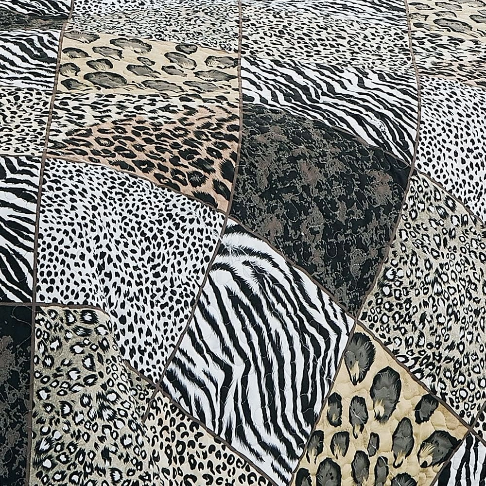 3 Piece Animal Print Bedspread Leopard Zebra Cheetah Printed Quilt Set Jungle Rustic Cabin Theme Bedding Reversible Black White Queen Size Coverlet for All Season (Queen, Black)