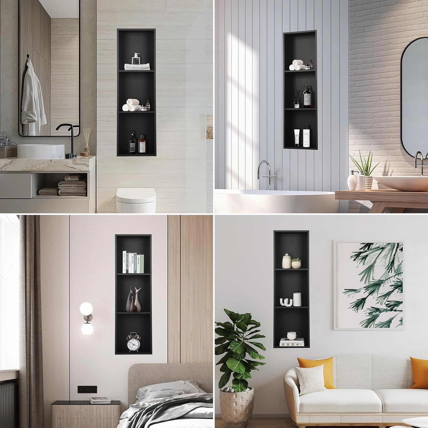 3 Tier Shower Niche, 36×12 Inch Black Shower Niche, Waterproof Recessed wall mounted Shower Shelf, No Tile Needed Recessed Niche for Bathroom Kitchen Bedroom Insert Storage, Black