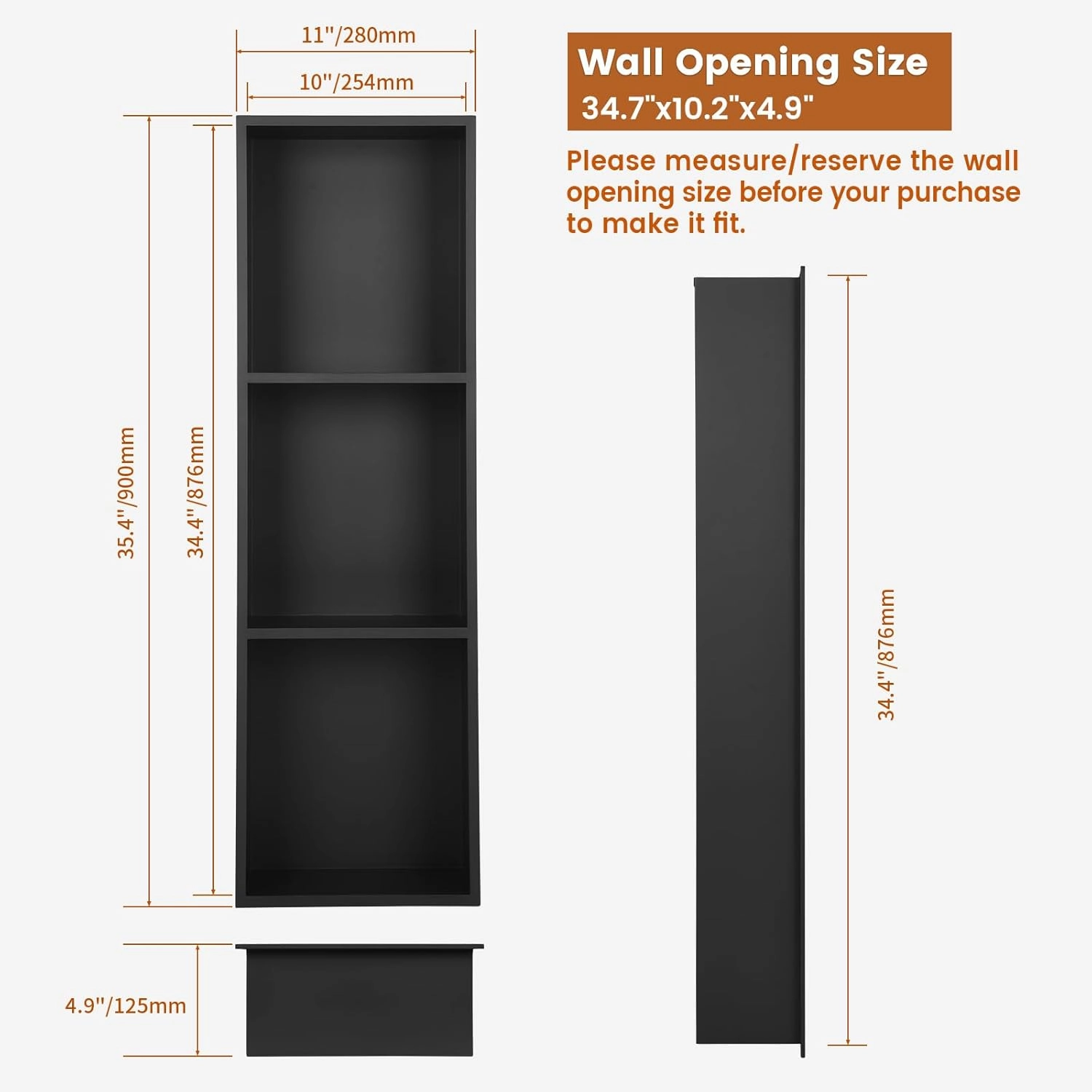 3 Tier Shower Niche, 36×12 Inch Black Shower Niche, Waterproof Recessed wall mounted Shower Shelf, No Tile Needed Recessed Niche for Bathroom Kitchen Bedroom Insert Storage, Black
