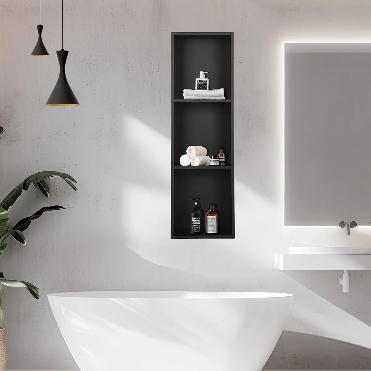 3 Tier Shower Niche, 36×12 Inch Black Shower Niche, Waterproof Recessed wall mounted Shower Shelf, No Tile Needed Recessed Niche for Bathroom Kitchen Bedroom Insert Storage, Black
