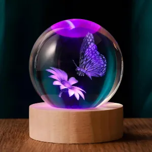 3D Butterfly 60mm Crystal Ball Butterfly Figurine Night Light Lamp Gifts for Women Wife Girlfriend Couple Her