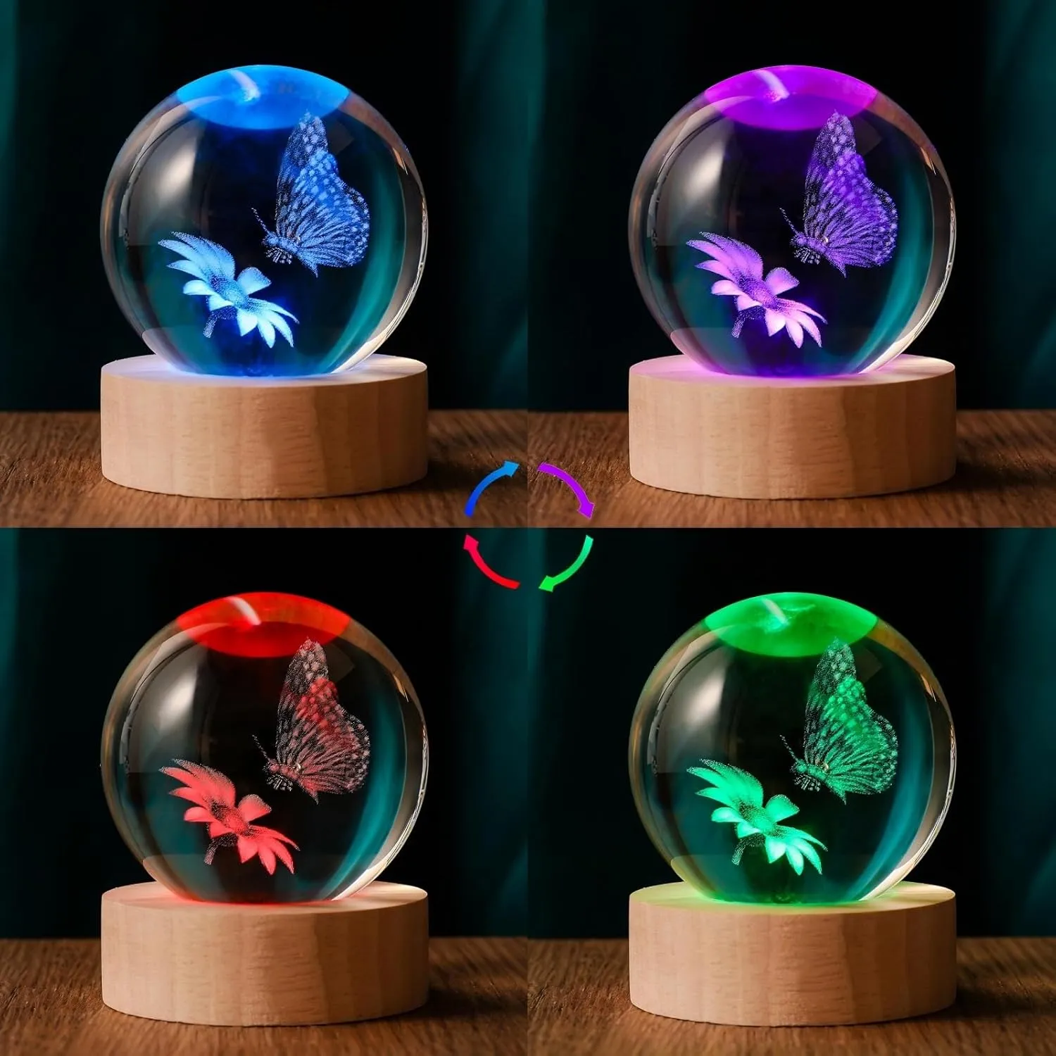 3D Butterfly 60mm Crystal Ball Butterfly Figurine Night Light Lamp Gifts for Women Wife Girlfriend Couple Her