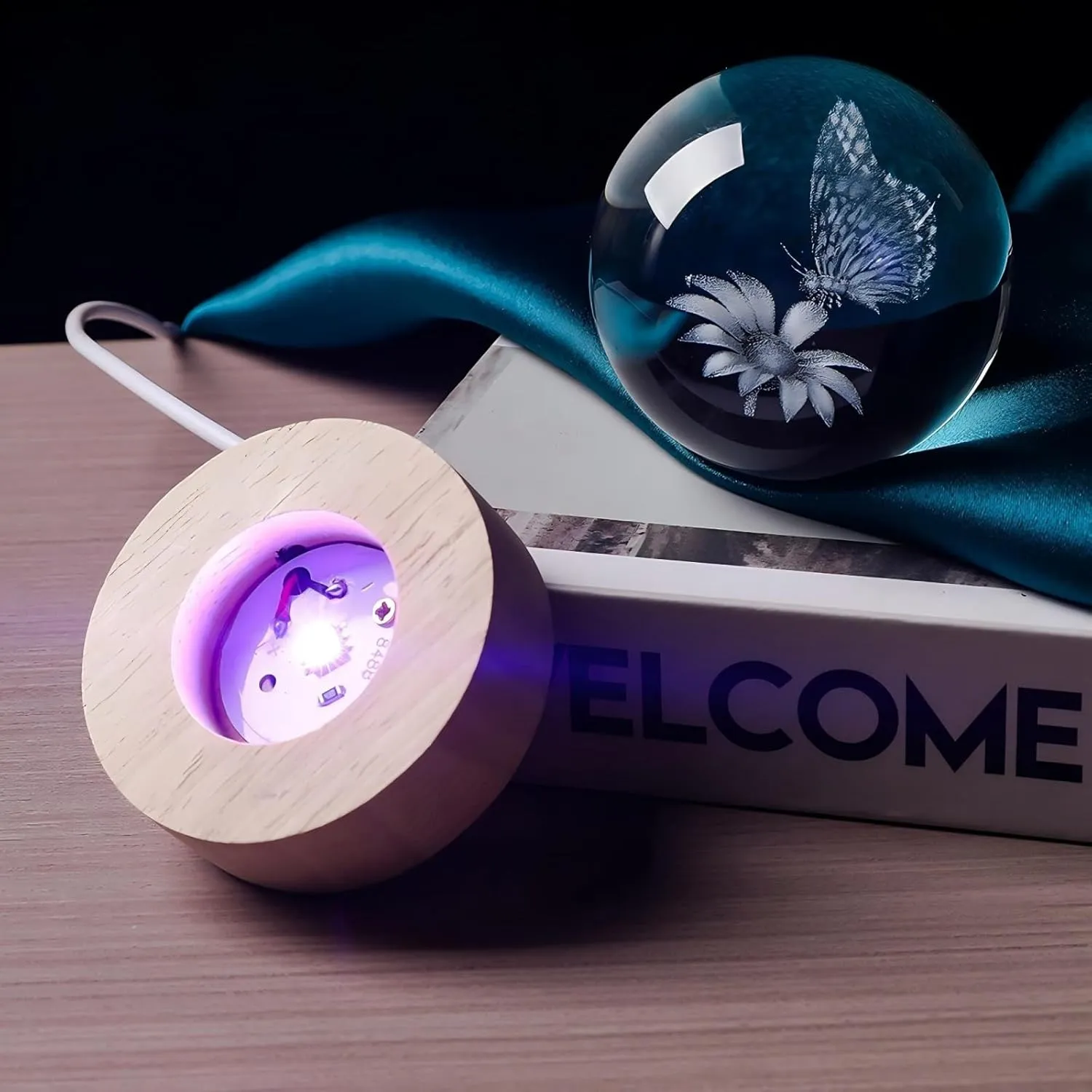 3D Butterfly 60mm Crystal Ball Butterfly Figurine Night Light Lamp Gifts for Women Wife Girlfriend Couple Her