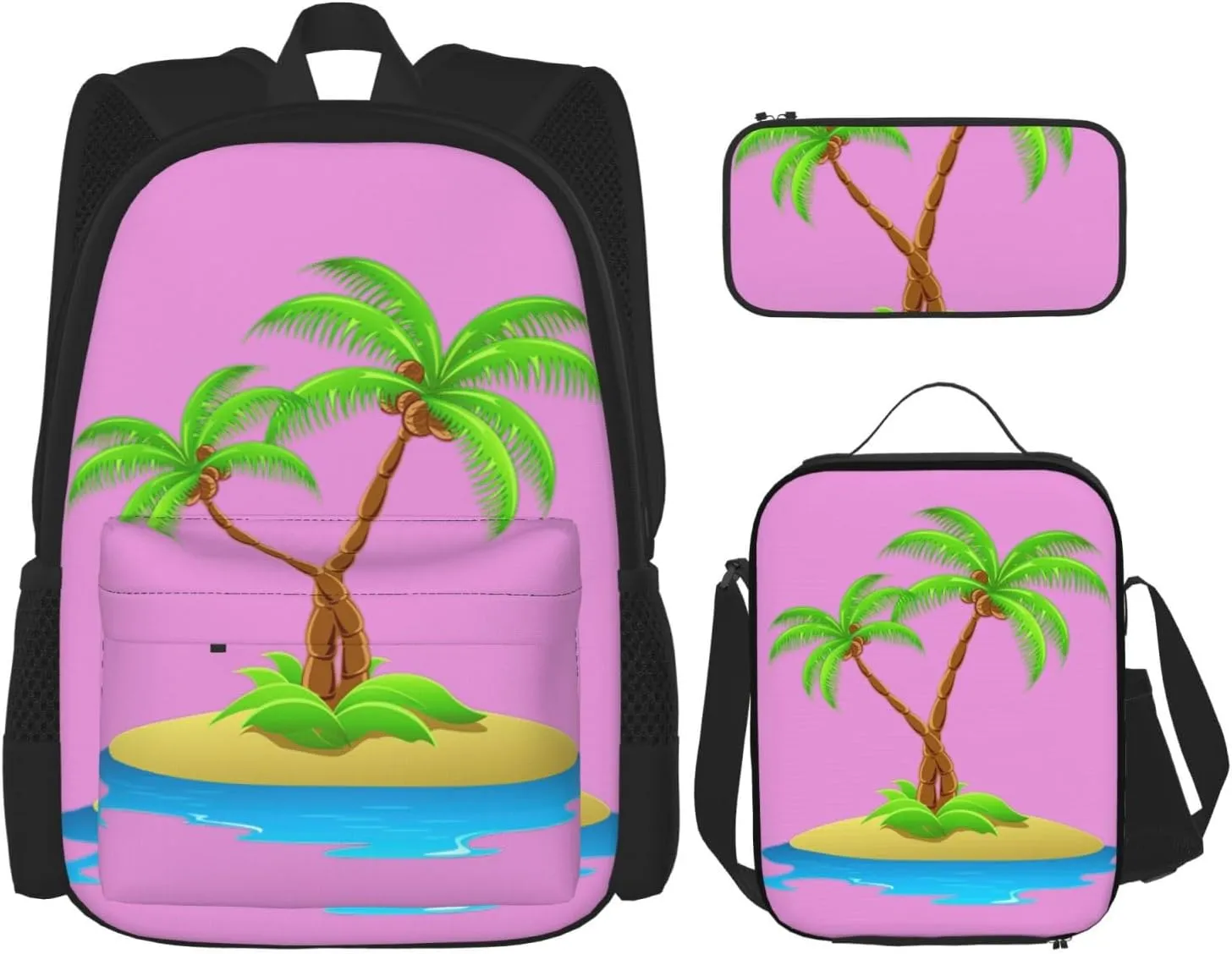 3d Palm Tree Print Versatile Adjustable Shoulder Fashion Backpack Lunch Bag Pencil Case Large Capacity