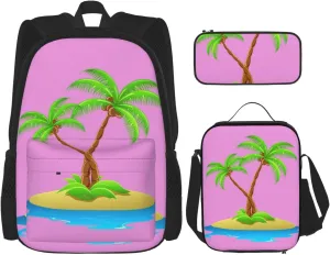 3d Palm Tree Print Versatile Adjustable Shoulder Fashion Backpack Lunch Bag Pencil Case Large Capacity