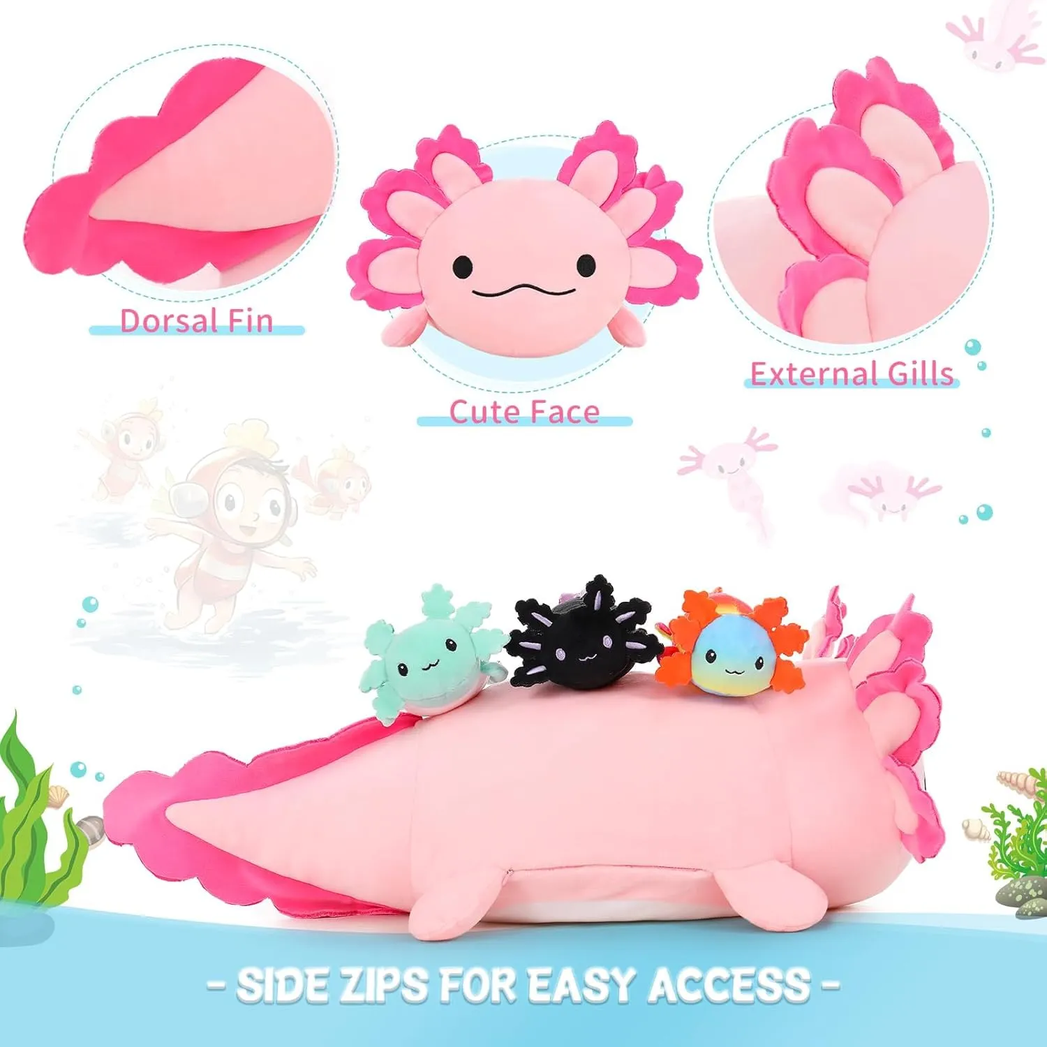 4 Giant Pink Axolotl Plushies, 24 inch Mommy with 3 Baby Axolotl Plushies in Tummy, Stuffed Animal Gifts for Kids Girls Boys