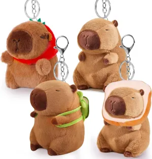 4 Pack Capybara Keychain Plush, Capybara Stuffed Animal Toys with Clothes Accessories, Classroom Birthday Party Favors Gifts for Kids