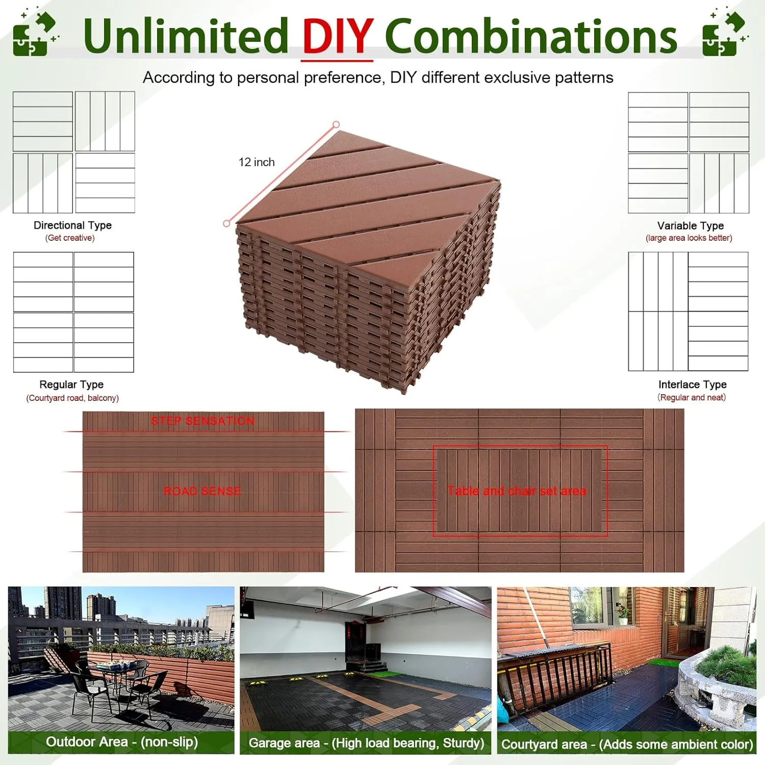 44 PCS Plastic Interlocking Deck Tiles-12 x12 Waterproof Outdoor Floor Tiles All Weather Use,Non-Slip Patio Floor Decking Tiles for Backyard Porch Poolside Balcony,Brown,Diagonal Stripe