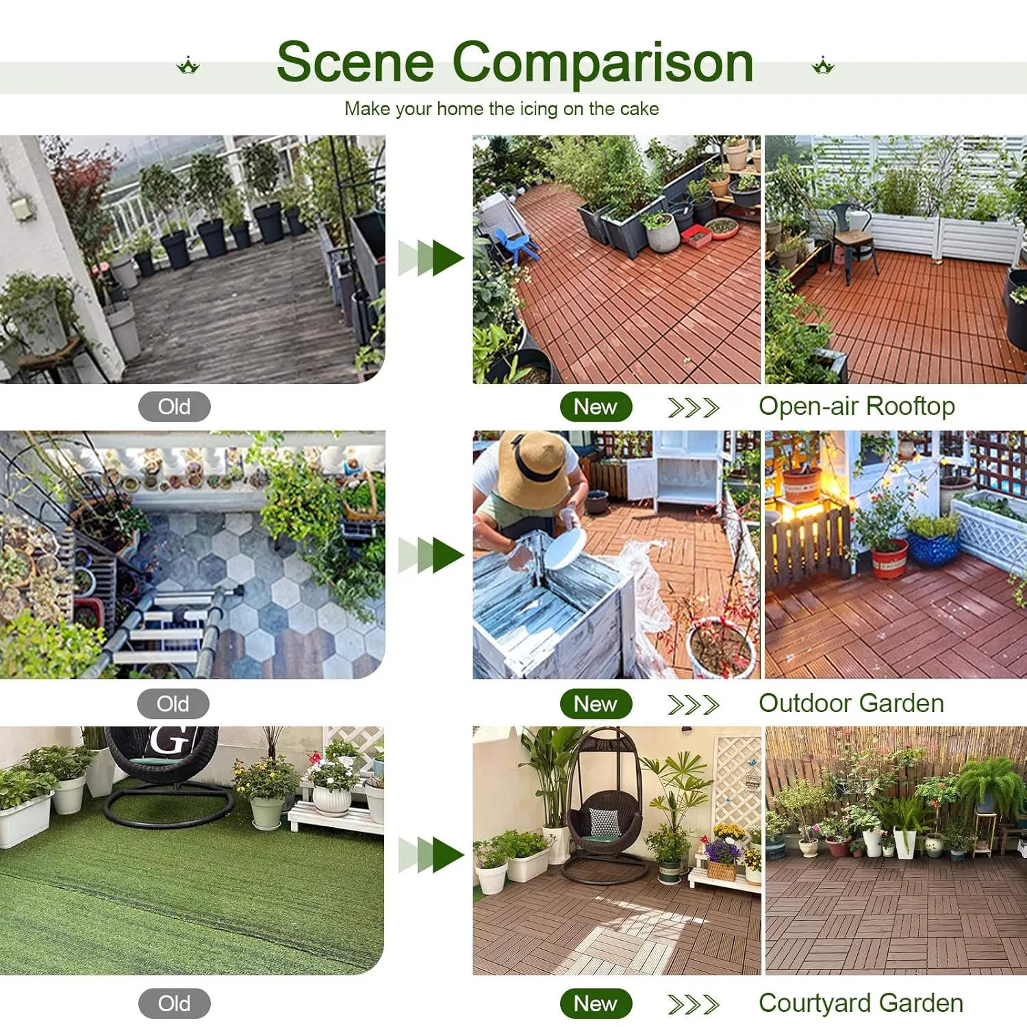44 PCS Plastic Interlocking Deck Tiles-12 x12 Waterproof Outdoor Floor Tiles All Weather Use,Non-Slip Patio Floor Decking Tiles for Backyard Porch Poolside Balcony,Brown,Diagonal Stripe