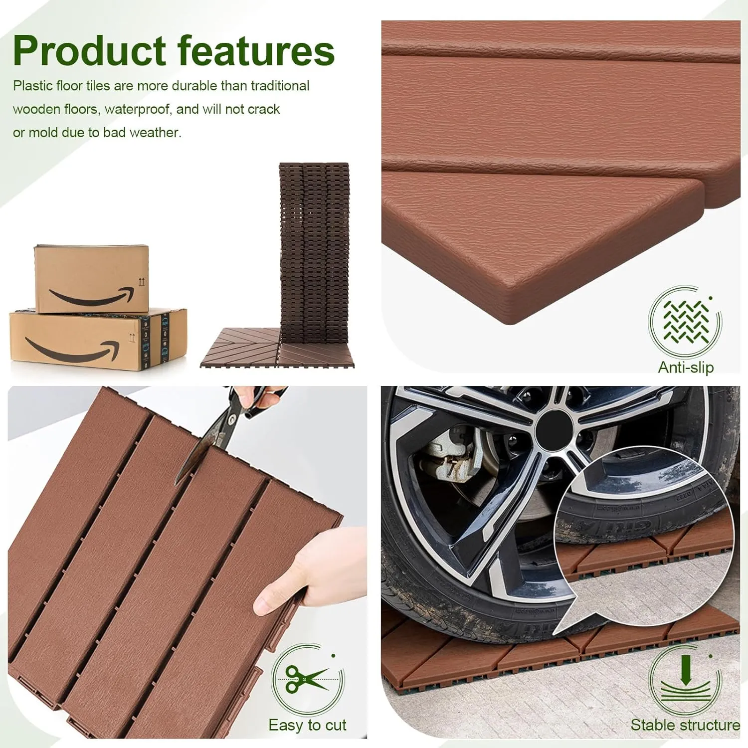 44 PCS Plastic Interlocking Deck Tiles-12 x12 Waterproof Outdoor Floor Tiles All Weather Use,Non-Slip Patio Floor Decking Tiles for Backyard Porch Poolside Balcony,Brown,Diagonal Stripe