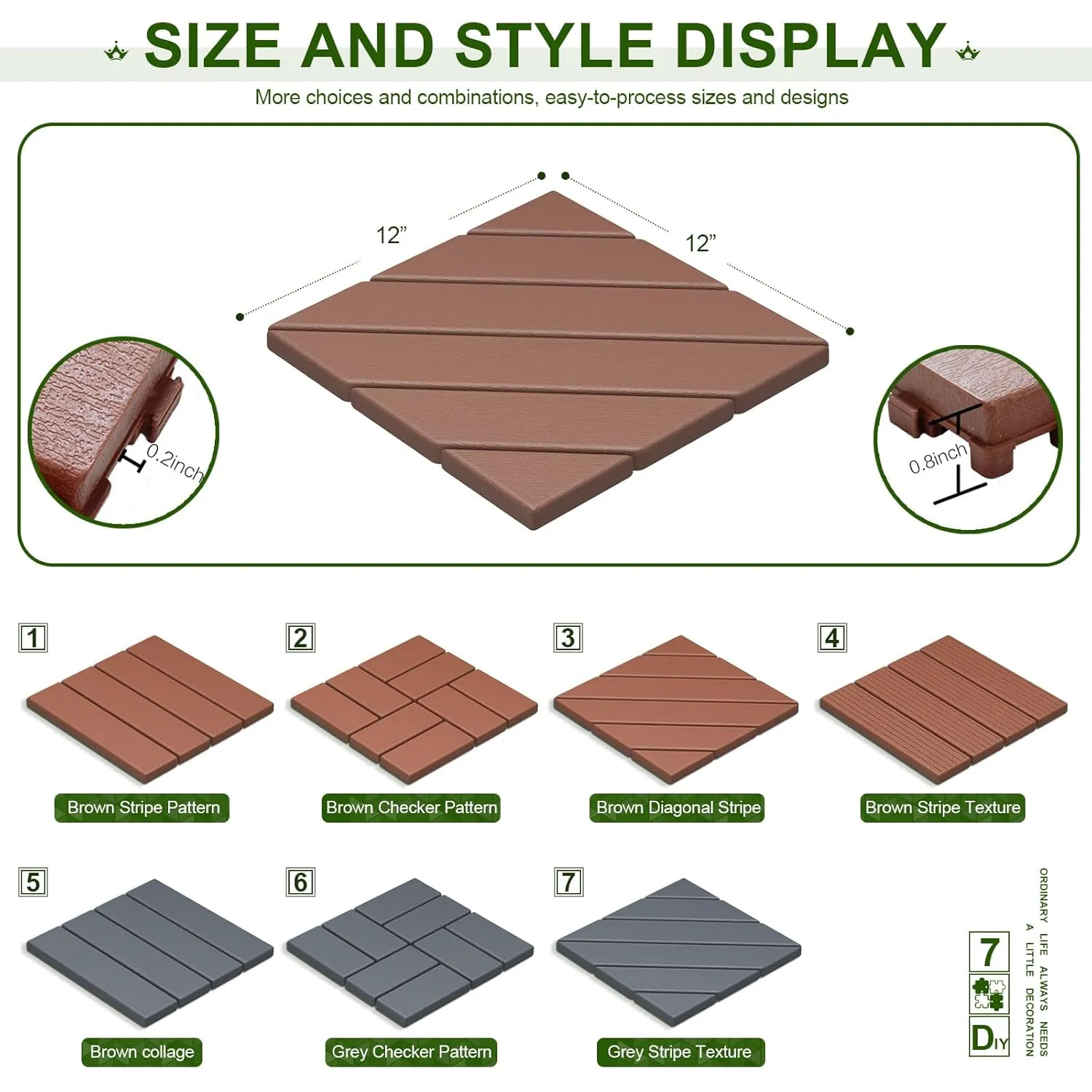 44 PCS Plastic Interlocking Deck Tiles-12 x12 Waterproof Outdoor Floor Tiles All Weather Use,Non-Slip Patio Floor Decking Tiles for Backyard Porch Poolside Balcony,Brown,Diagonal Stripe