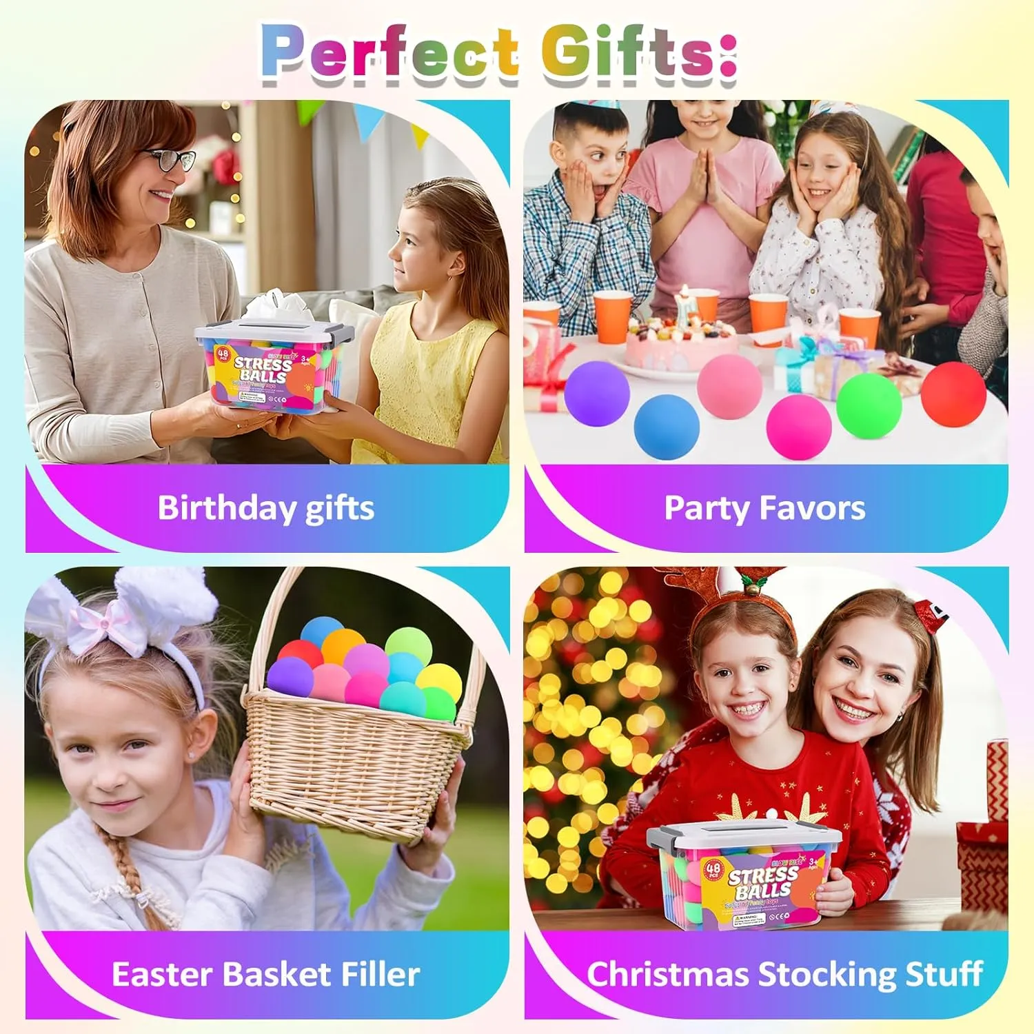 48 Pack Slow Rising Stress Ball,Stress Balls for Kids Adults,Stretchy Fidget Toys for Anxiety Relief,Hand Therapy Sensory Squishy Ball,Squishy Toys for Kids,Classroom Prize Box Toys