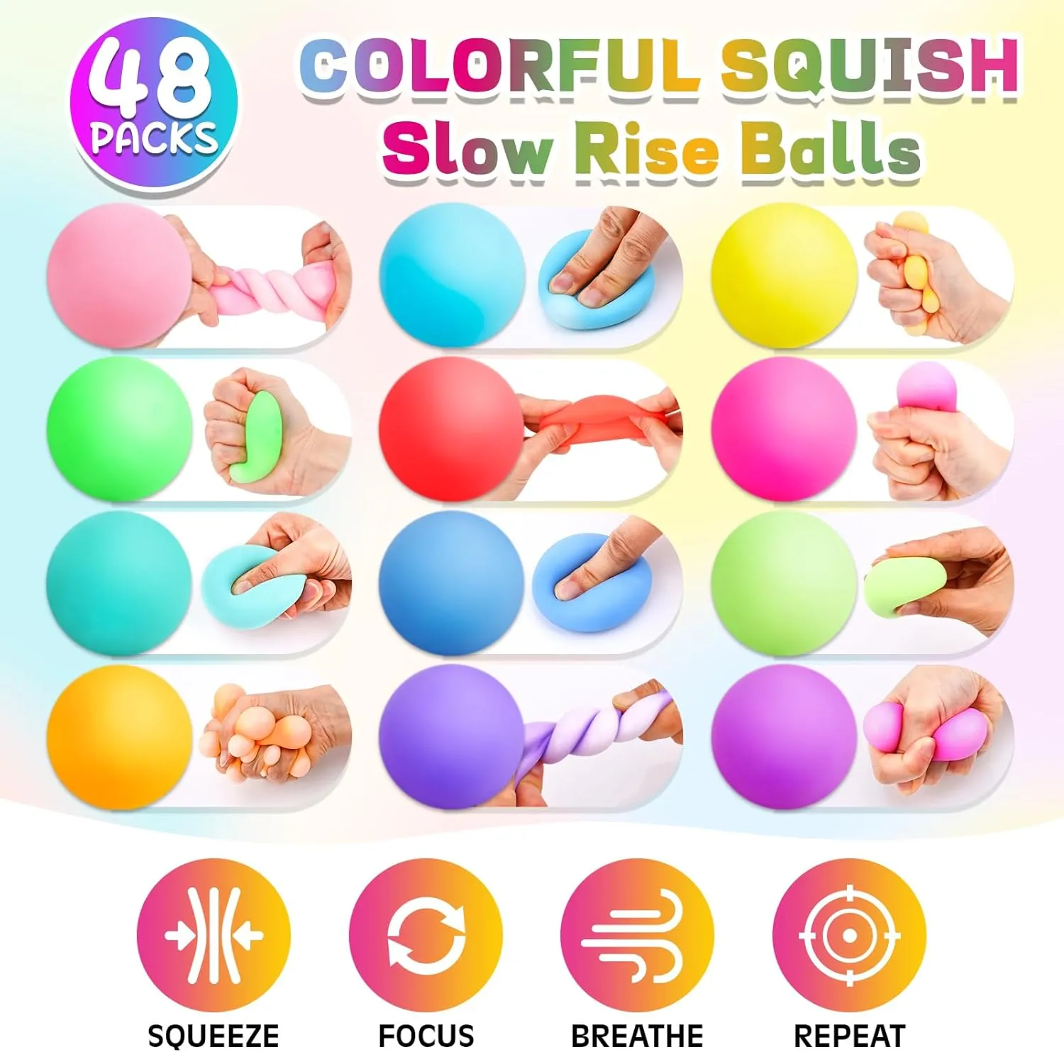 48 Pack Slow Rising Stress Ball,Stress Balls for Kids Adults,Stretchy Fidget Toys for Anxiety Relief,Hand Therapy Sensory Squishy Ball,Squishy Toys for Kids,Classroom Prize Box Toys