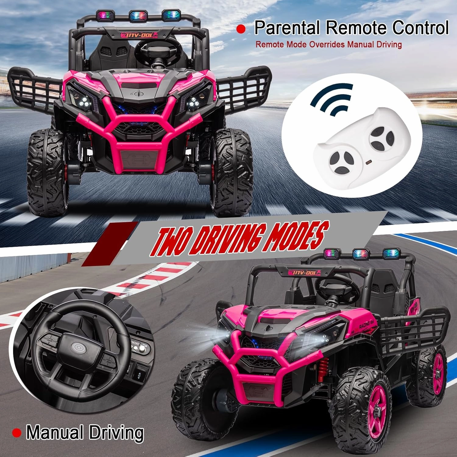 4x4 2-Seater Ride On Buggy 24V Ride On Toys with Remote Control Battery Powered Kids Electric Car Off-Road Vehicles Side by Side UTV w/Music Play, Colorful LED Lights, Pink
