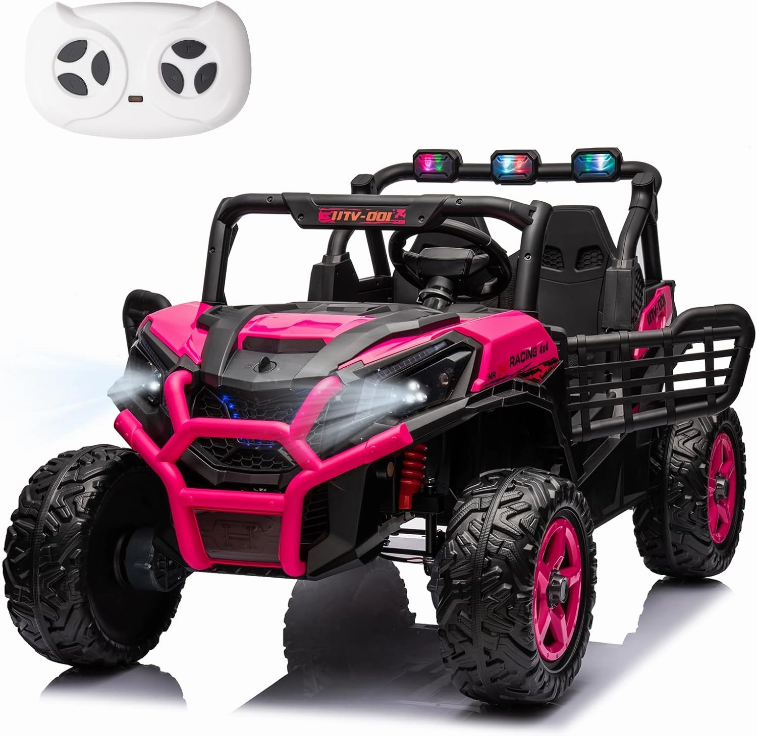 4x4 2-Seater Ride On Buggy 24V Ride On Toys with Remote Control Battery Powered Kids Electric Car Off-Road Vehicles Side by Side UTV w/Music Play, Colorful LED Lights, Pink