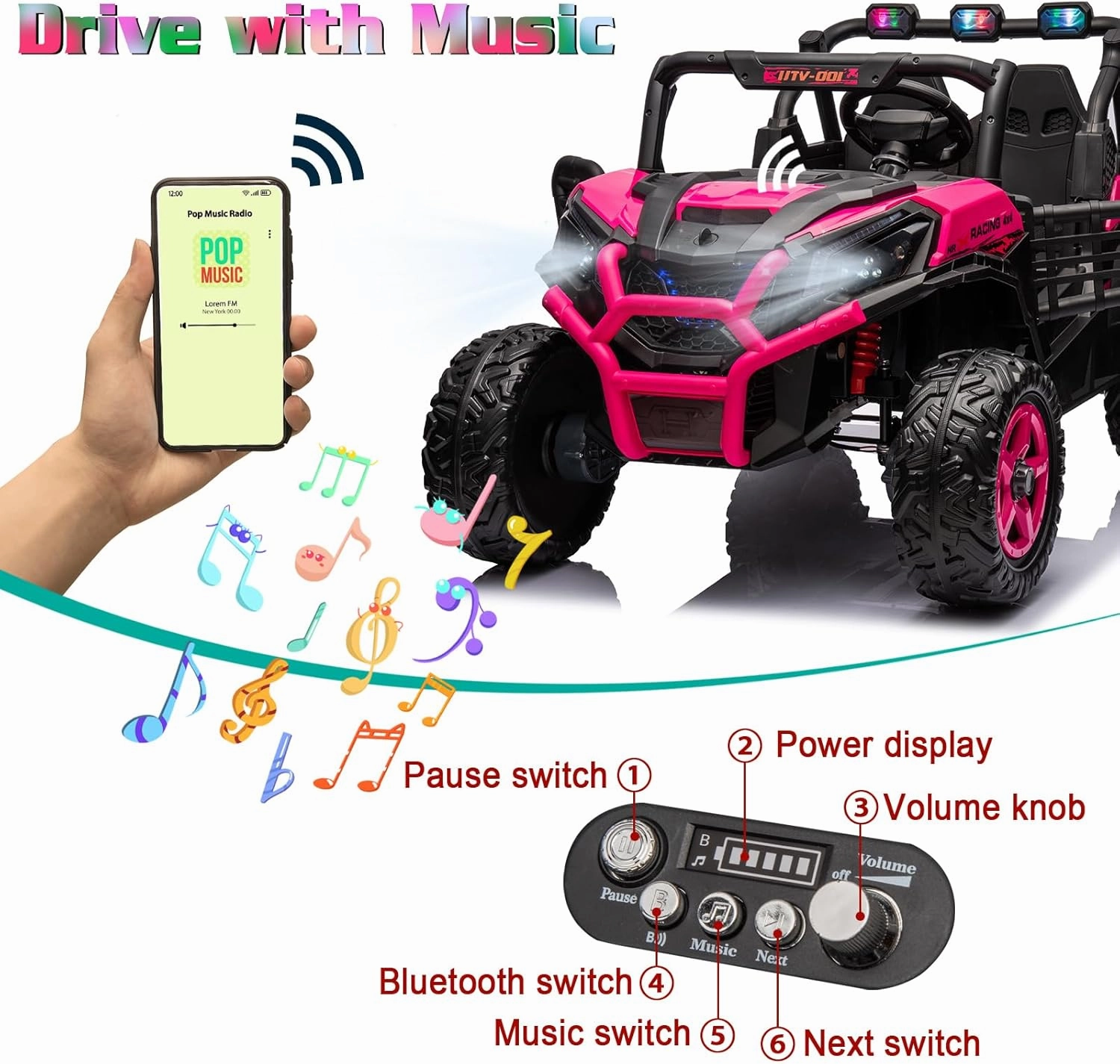 4x4 2-Seater Ride On Buggy 24V Ride On Toys with Remote Control Battery Powered Kids Electric Car Off-Road Vehicles Side by Side UTV w/Music Play, Colorful LED Lights, Pink